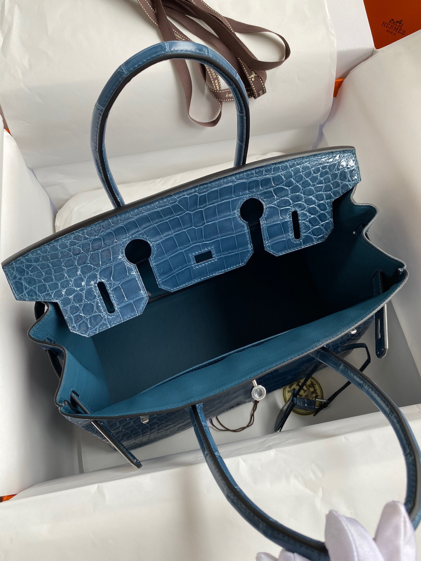 H**mes birkin 30 handmade bag in blue tempete crocodile niloticus shiny skin