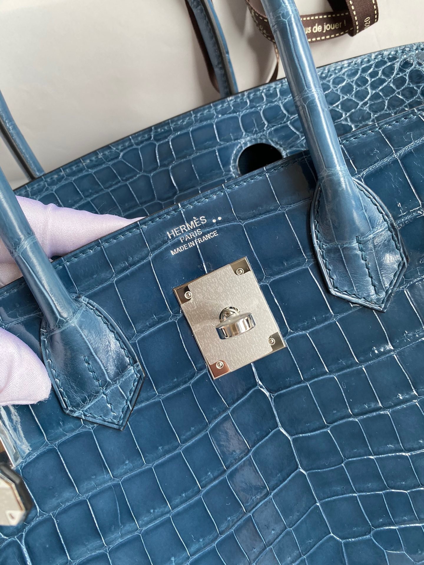 H**mes birkin 30 handmade bag in blue tempete crocodile niloticus shiny skin