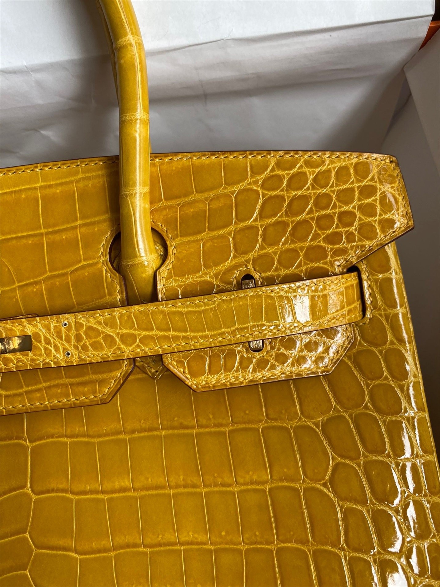 H**mes birkin 30 handmade bag in jaune ambre crocodile niloticus shiny skin