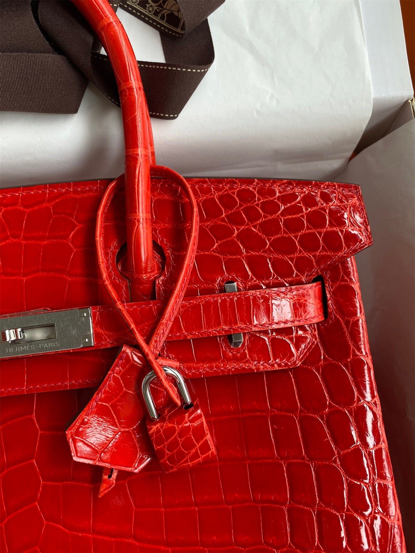 H**mes birkin 30 handmade bag in red crocodile niloticus shiny skin