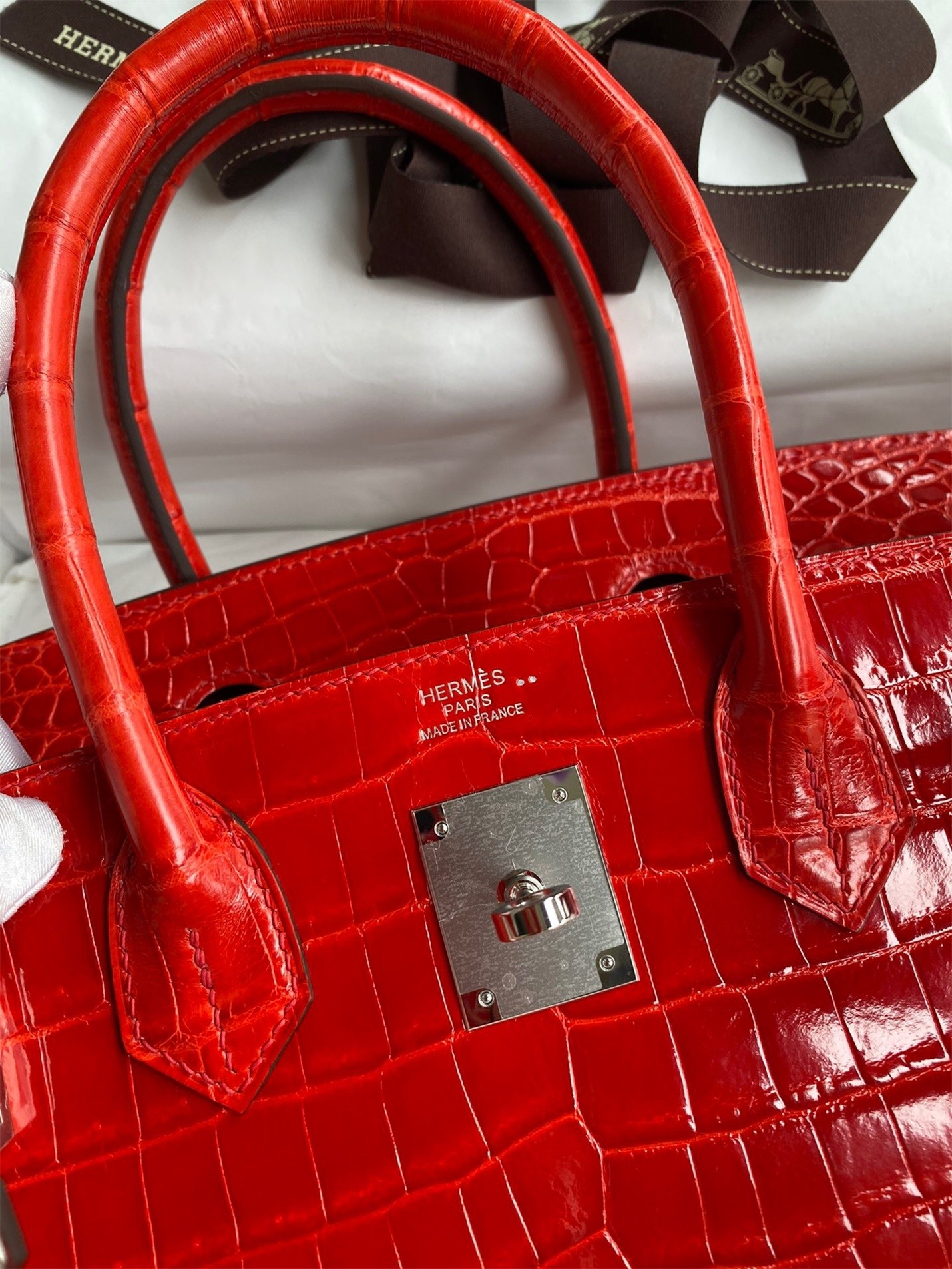 H**mes birkin 30 handmade bag in red crocodile niloticus shiny skin