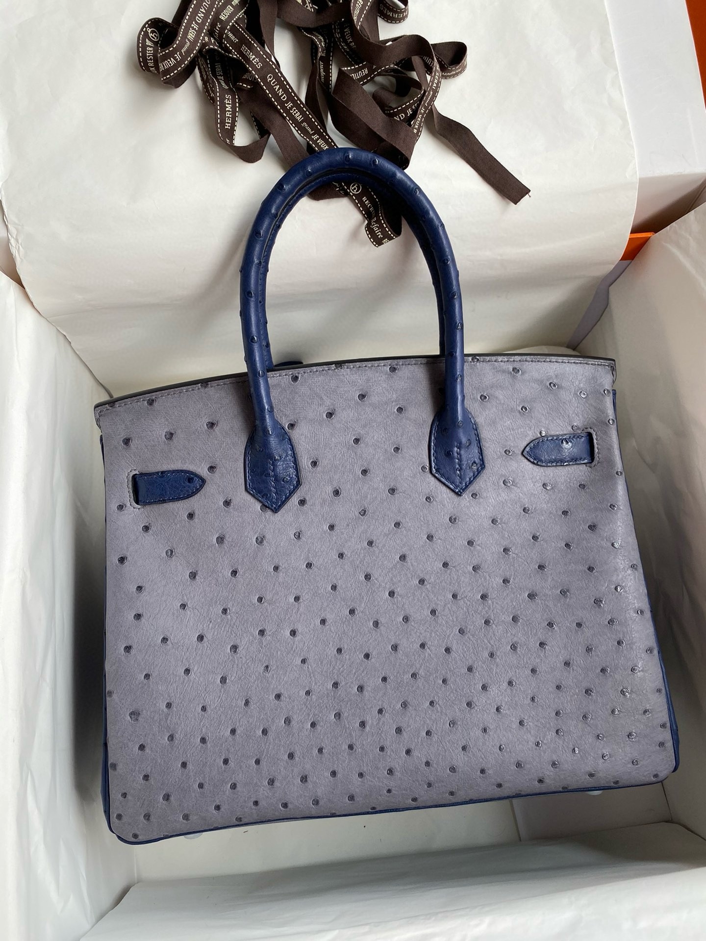 H**mes hss birkin 30 bicolor bag in gris agate and blue iris ostrich leather