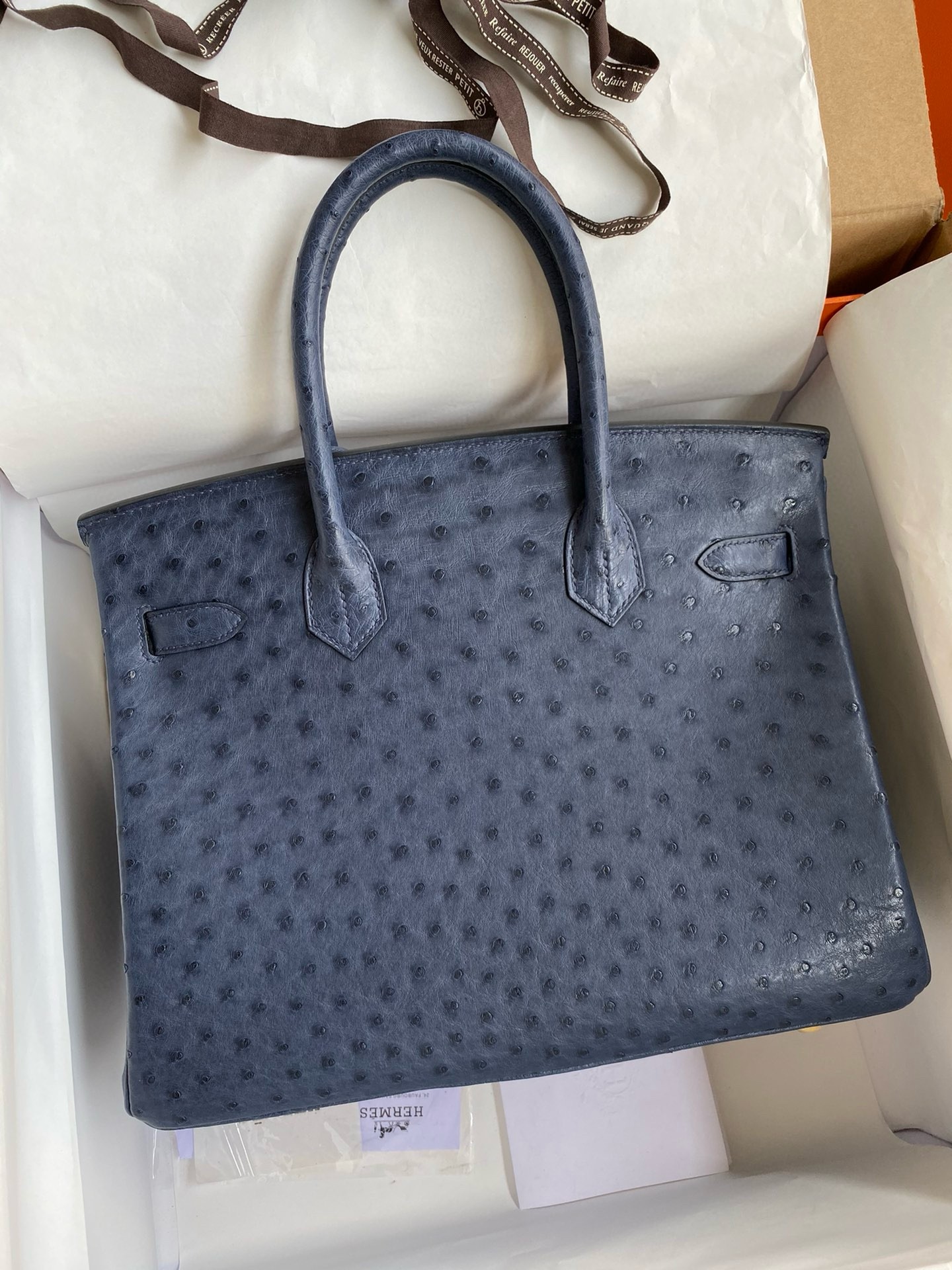 H**mes birkin 30 retourne handmade bag in blue de malte ostrich leather
