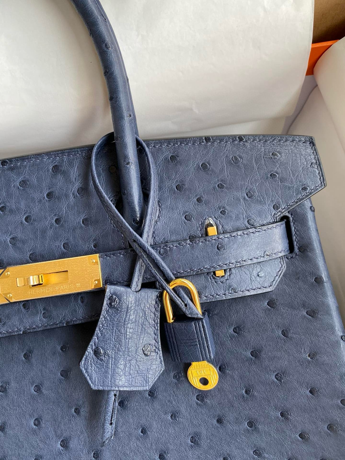 H**mes birkin 30 retourne handmade bag in blue de malte ostrich leather