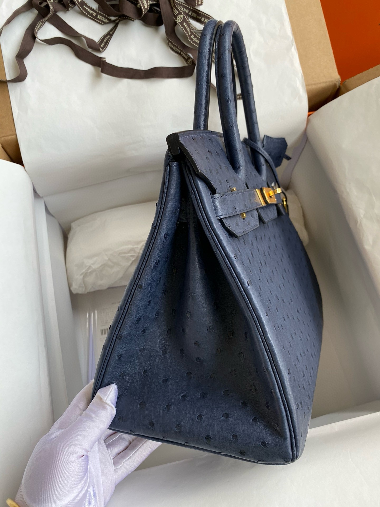 H**mes birkin 30 retourne handmade bag in blue de malte ostrich leather