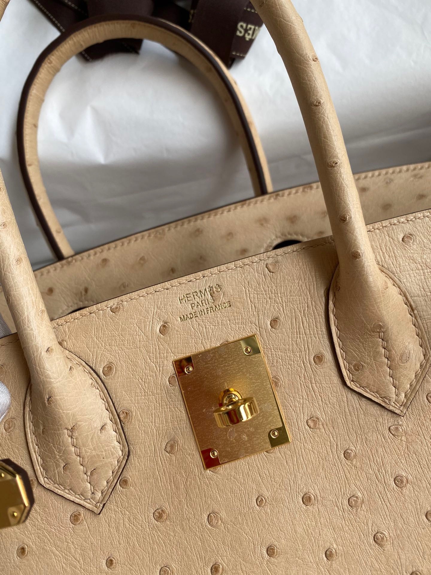 H**mes birkin 30 retourne handmade bag in chai ostrich leather