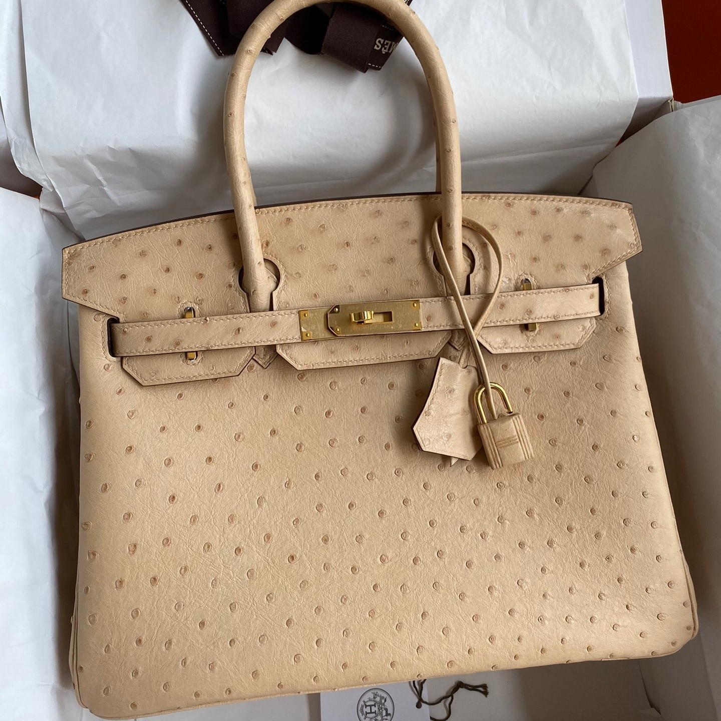 H**mes birkin 30 retourne handmade bag in chai ostrich leather