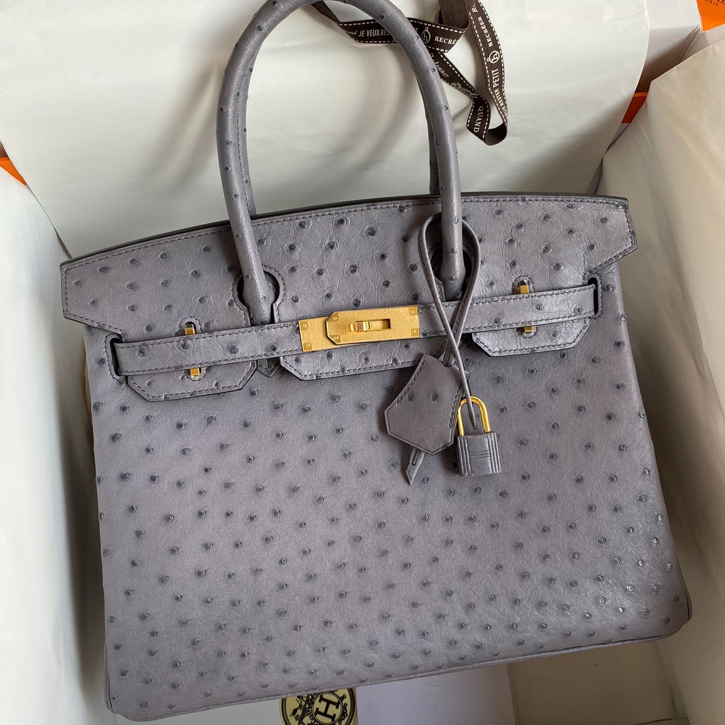 H**mes birkin 30 retourne handmade bag in gris agate ostrich leather