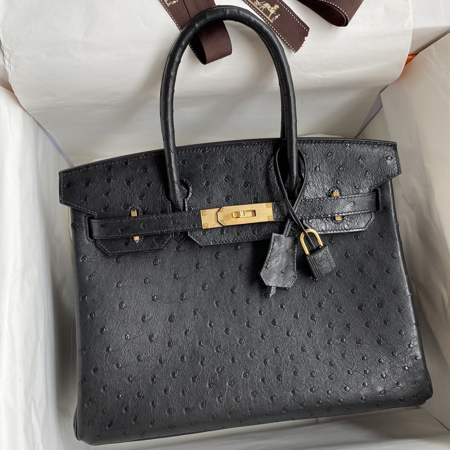 H**mes birkin 30 retourne handmade bag in black ostrich leather