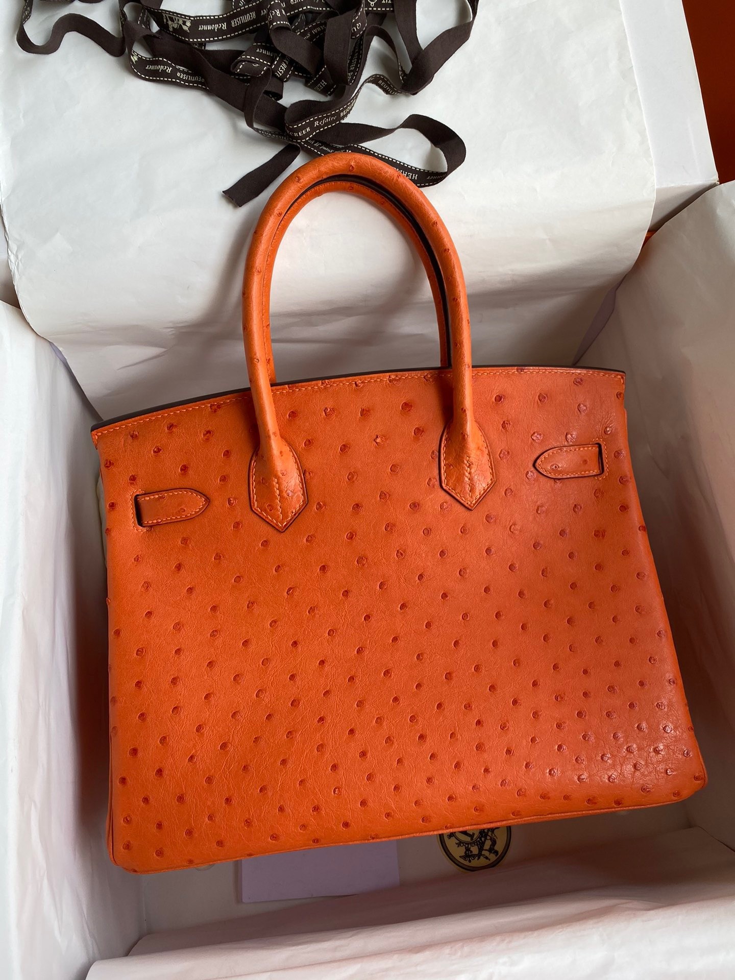 H**mes birkin 30 retourne handmade bag in orange ostrich leather