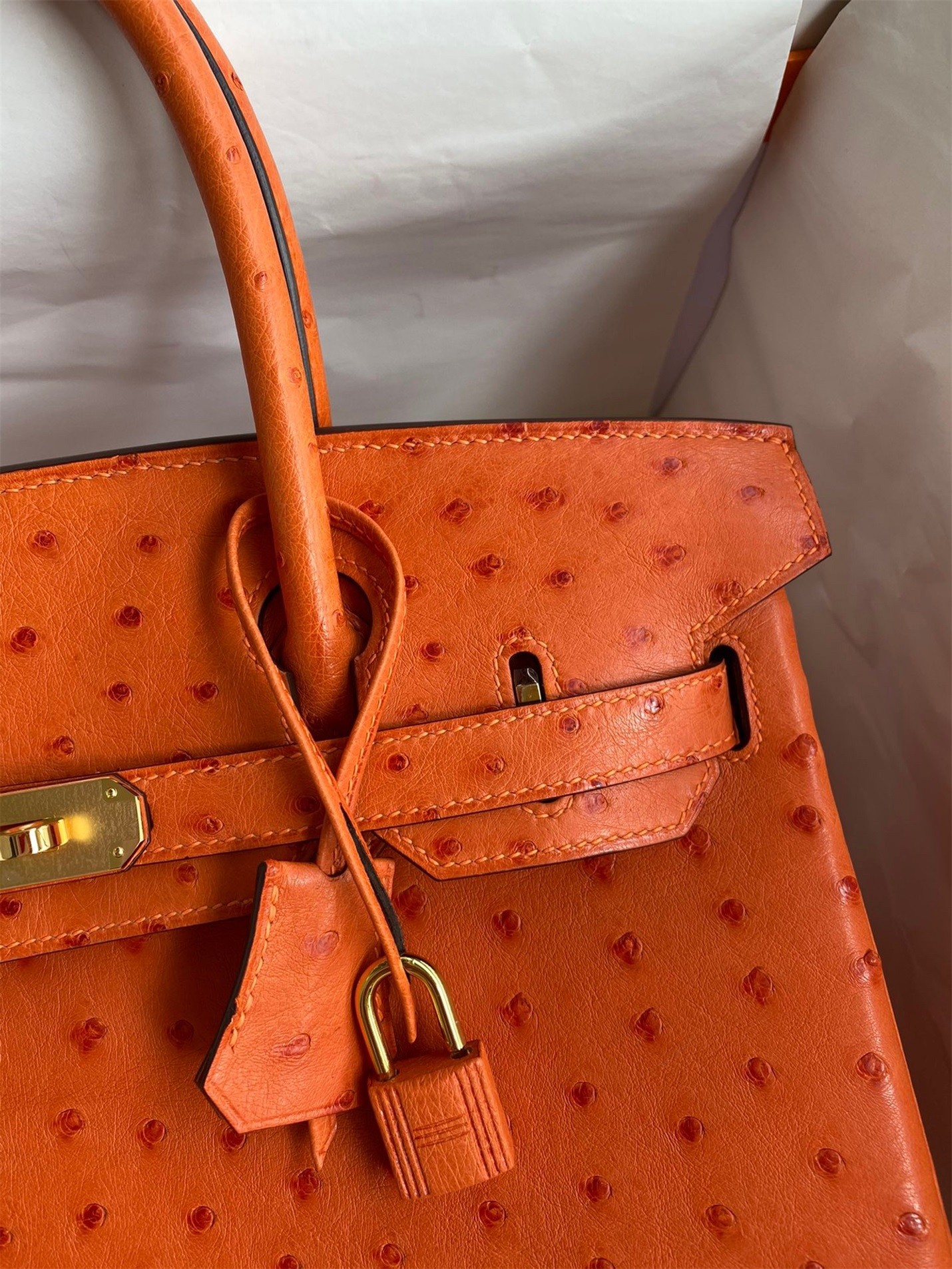 H**mes birkin 30 retourne handmade bag in orange ostrich leather