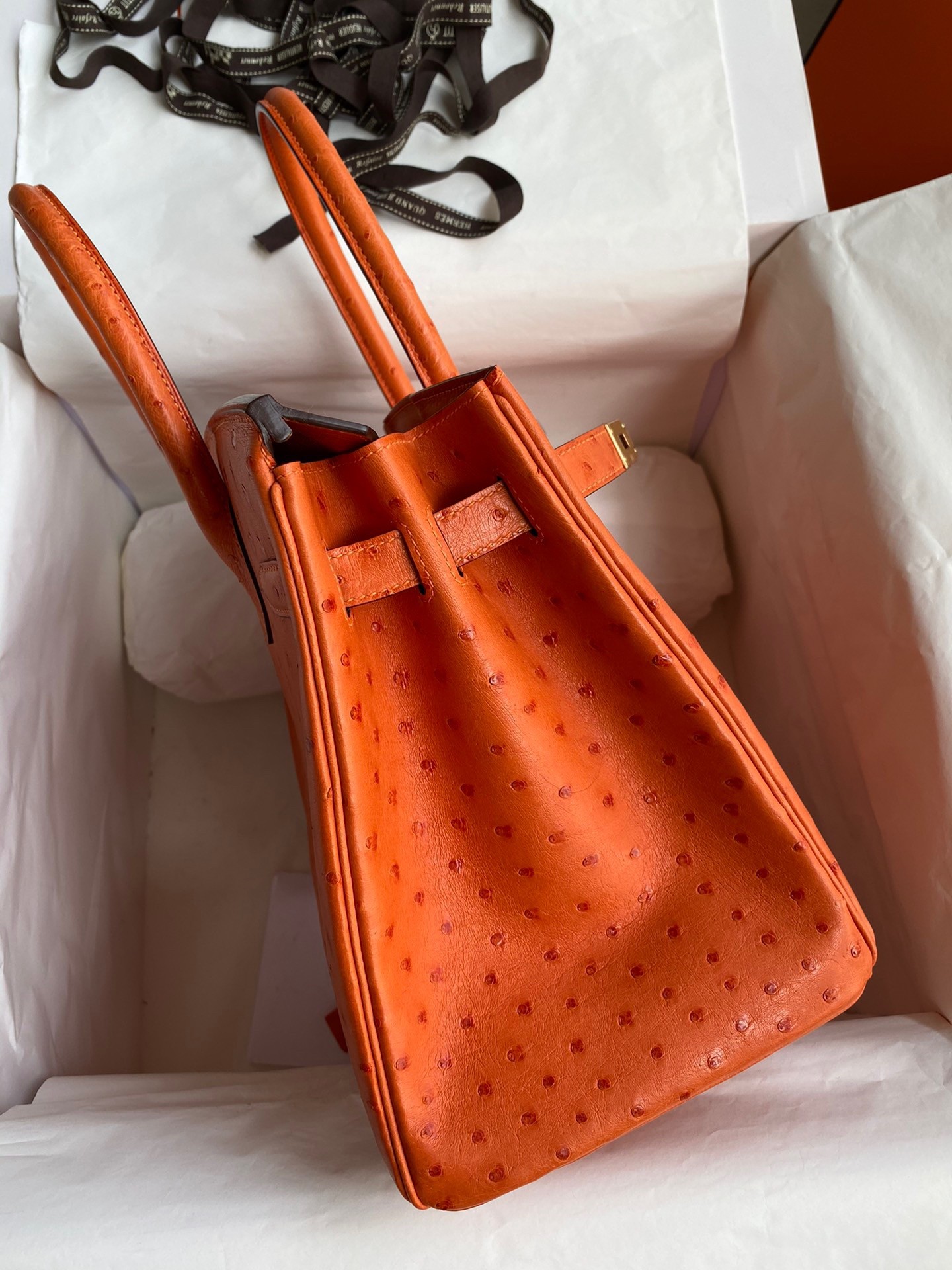 H**mes birkin 30 retourne handmade bag in orange ostrich leather