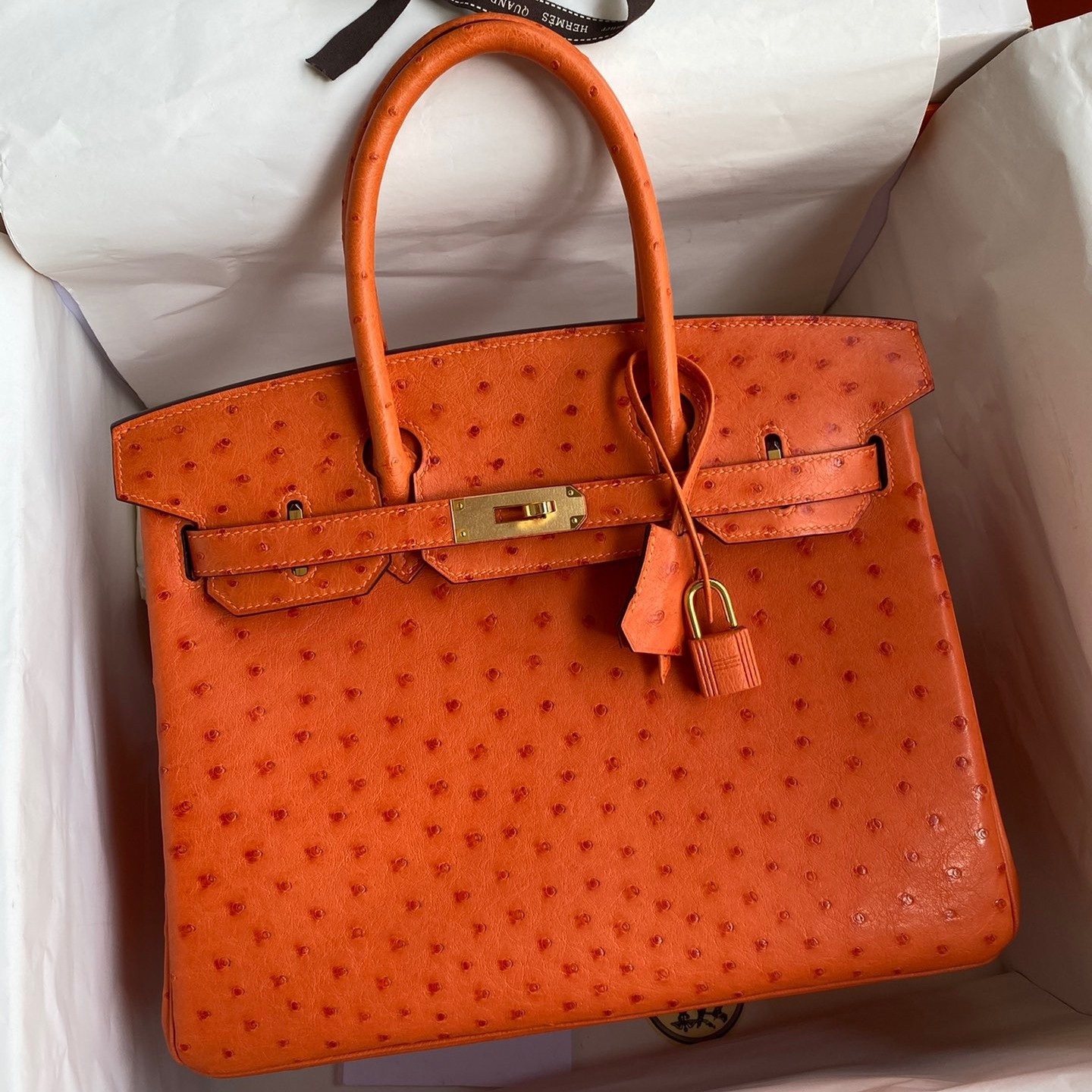H**mes birkin 30 retourne handmade bag in orange ostrich leather