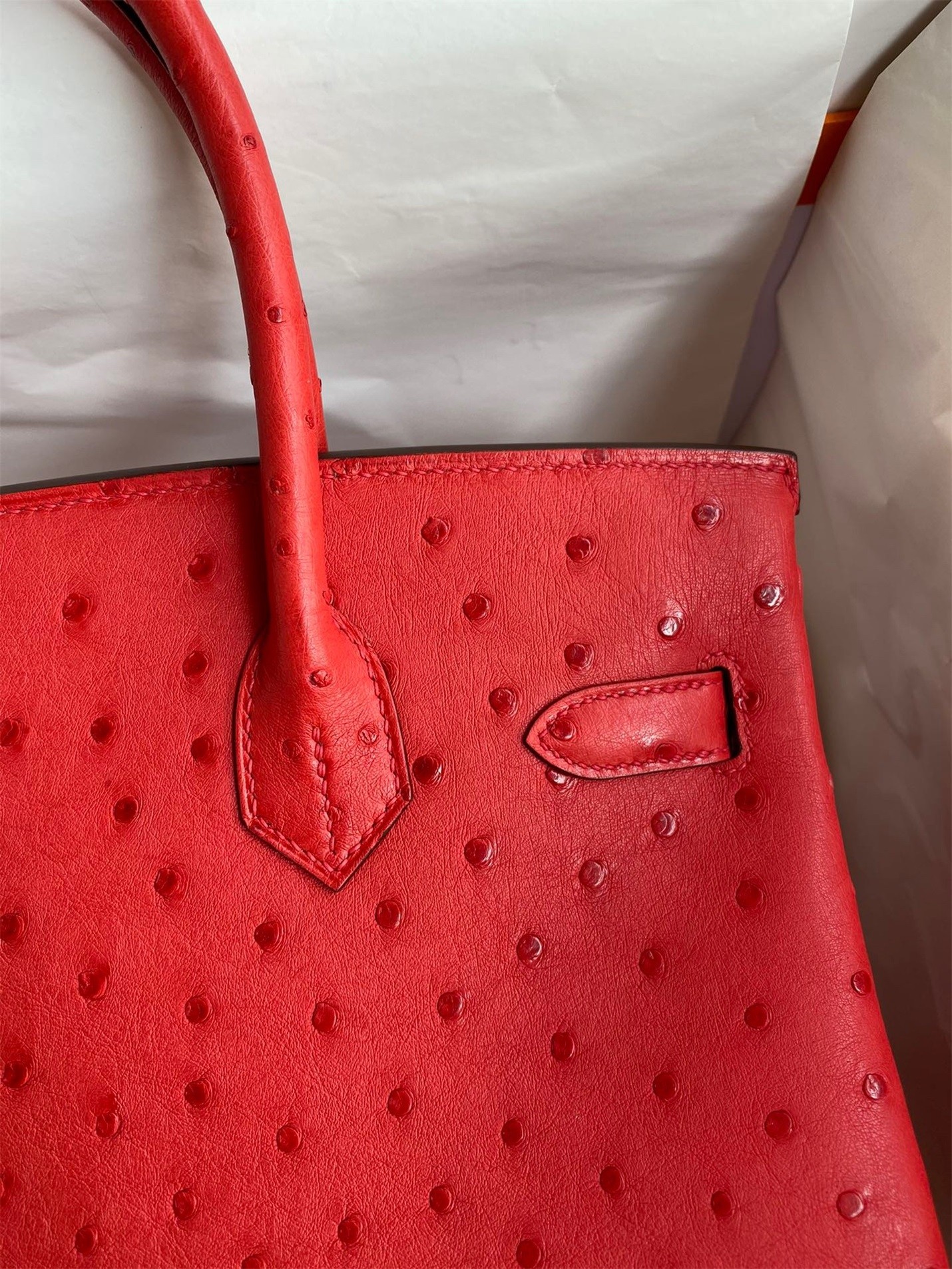 H**mes birkin 30 retourne handmade bag in red ostrich leather