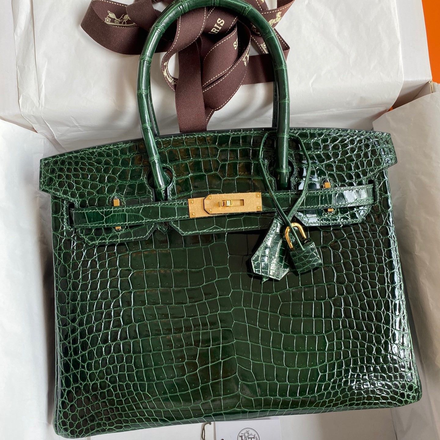H**mes birkin 30 handmade bag in green crocodile porosus shiny skin