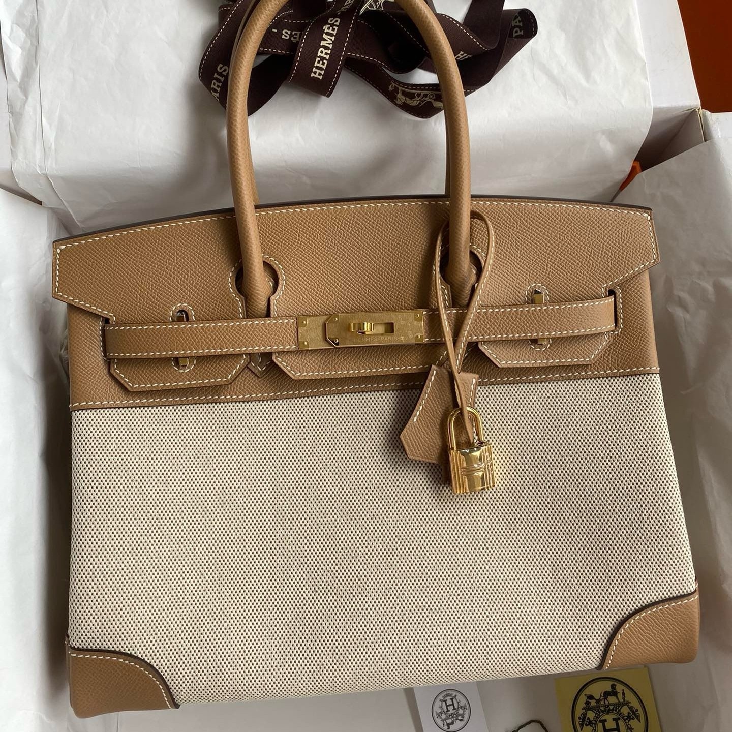 H**mes birkin 30 handmade bag in toile & chai epsom leather