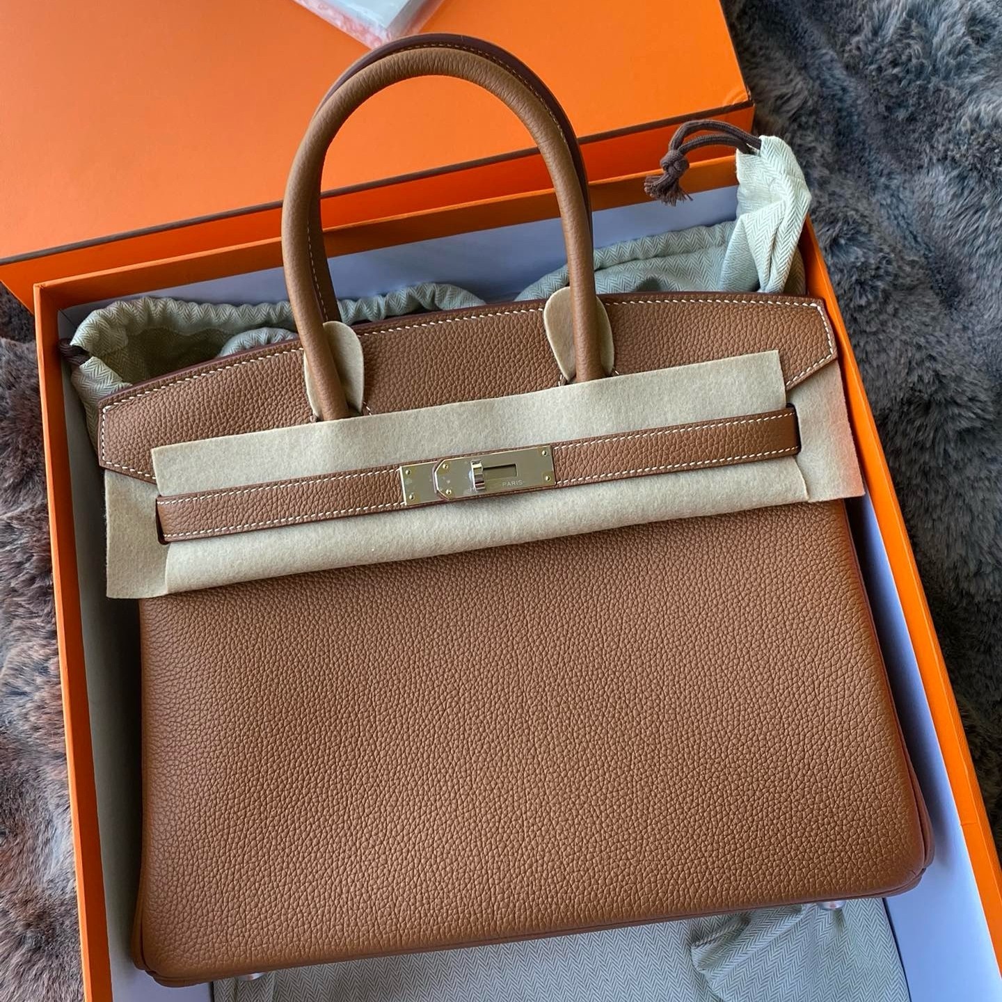 H**mes birkin 30 retourne handmade bag in gold togo leather