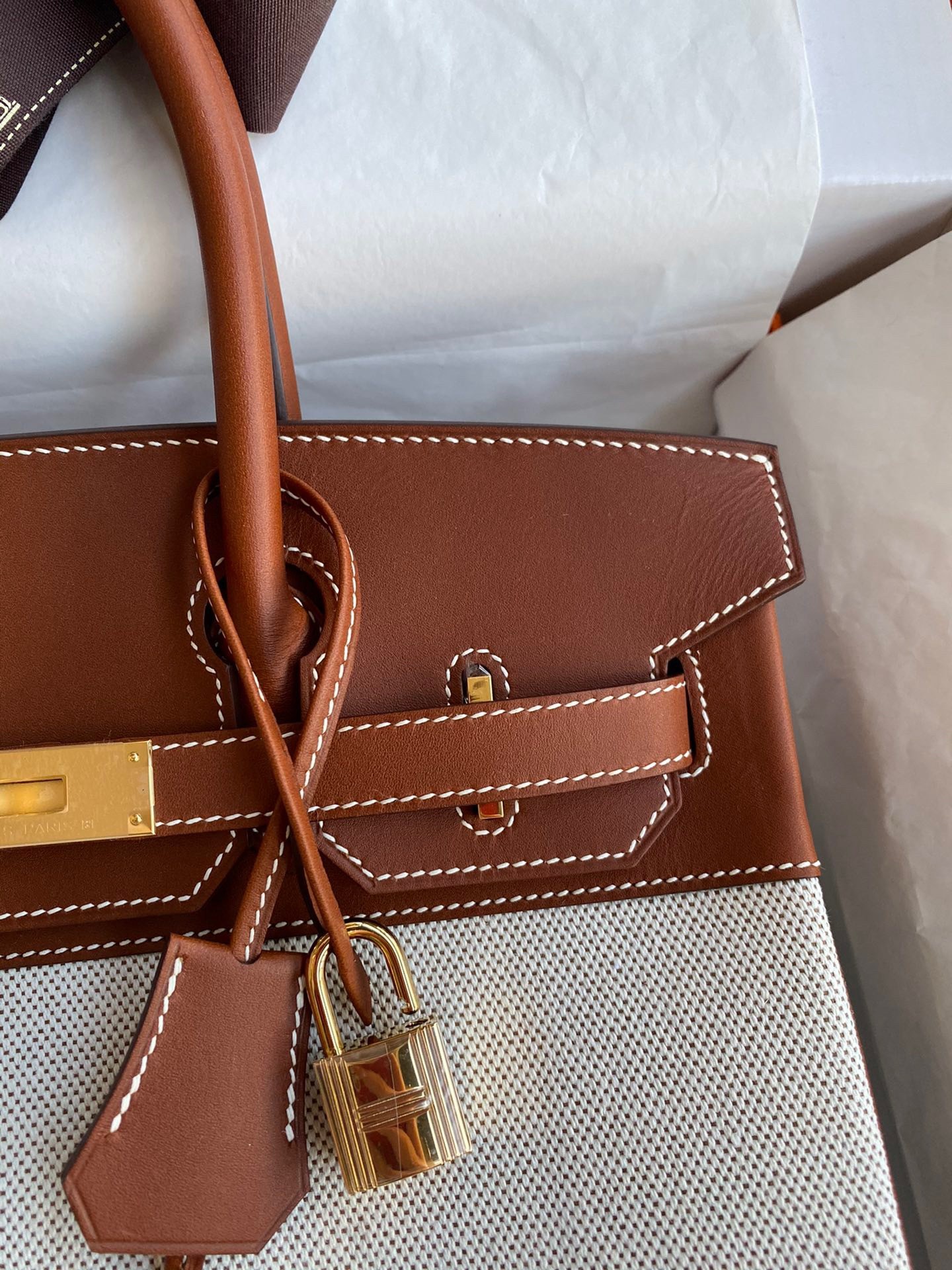H**mes birkin 30 handmade bag in toile & gold swift leather