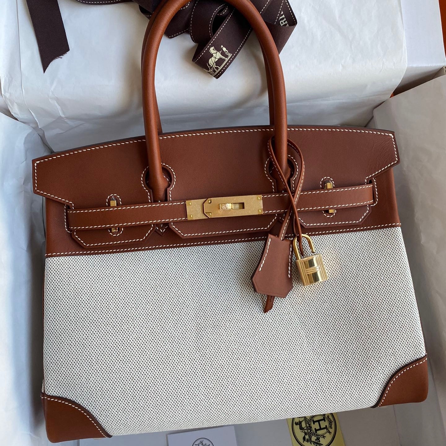 H**mes birkin 30 handmade bag in toile & gold swift leather