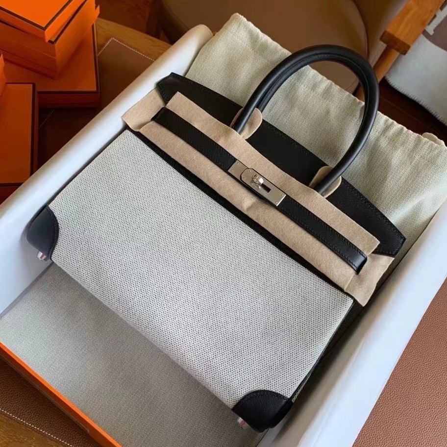 H**mes birkin 30 handmade bag in toile & black swift leather