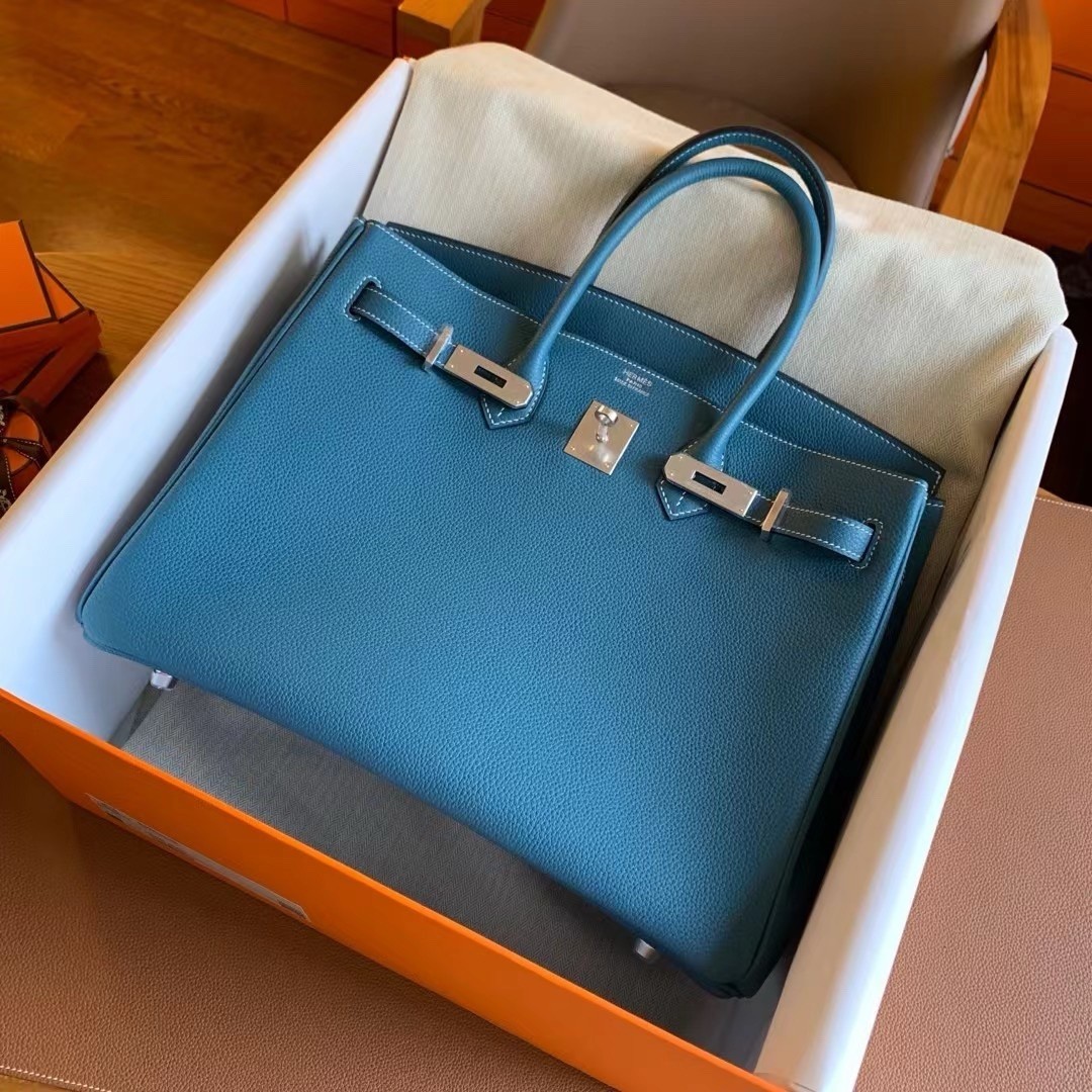 H**mes birkin 35 retourne handmade bag in blue jean clemence leather