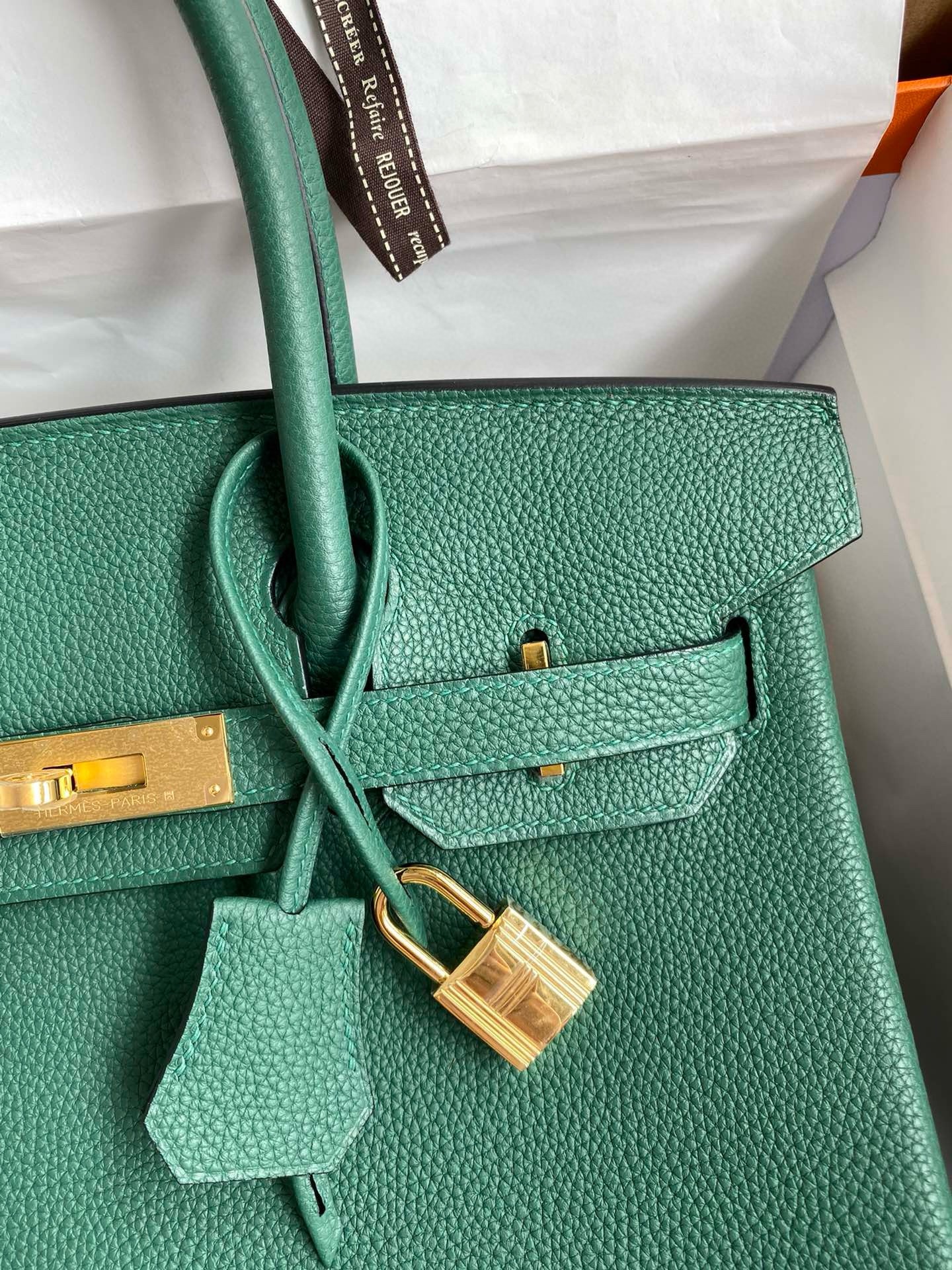 H**mes birkin 35 retourne handmade bag in malachite clemence leather