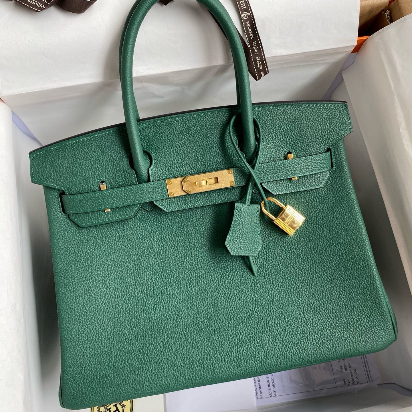 H**mes birkin 35 retourne handmade bag in malachite clemence leather