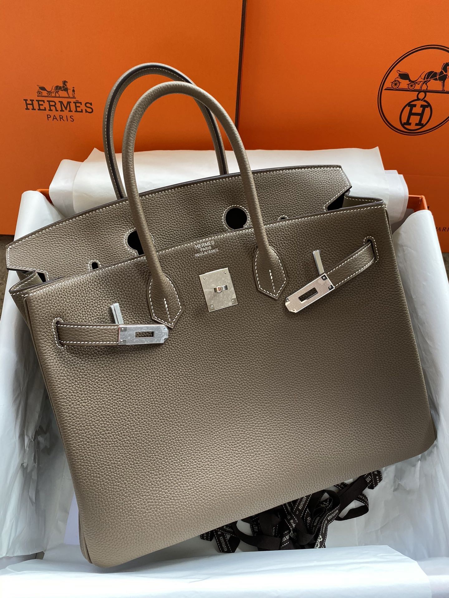 H**mes birkin 35 retourne handmade bag in taupe clemence leather