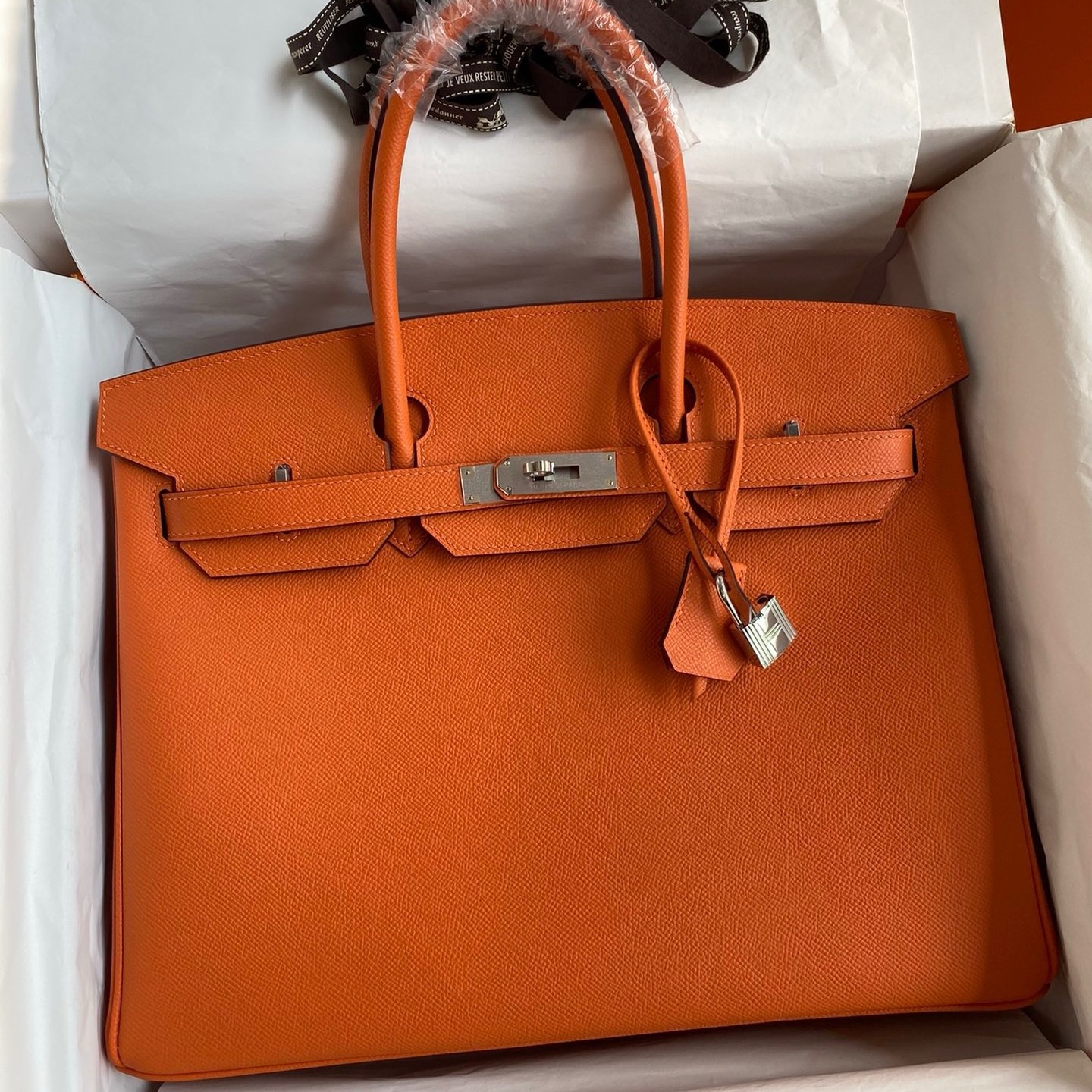 H**mes birkin 35 retourne handmade bag in orange epsom calfskin