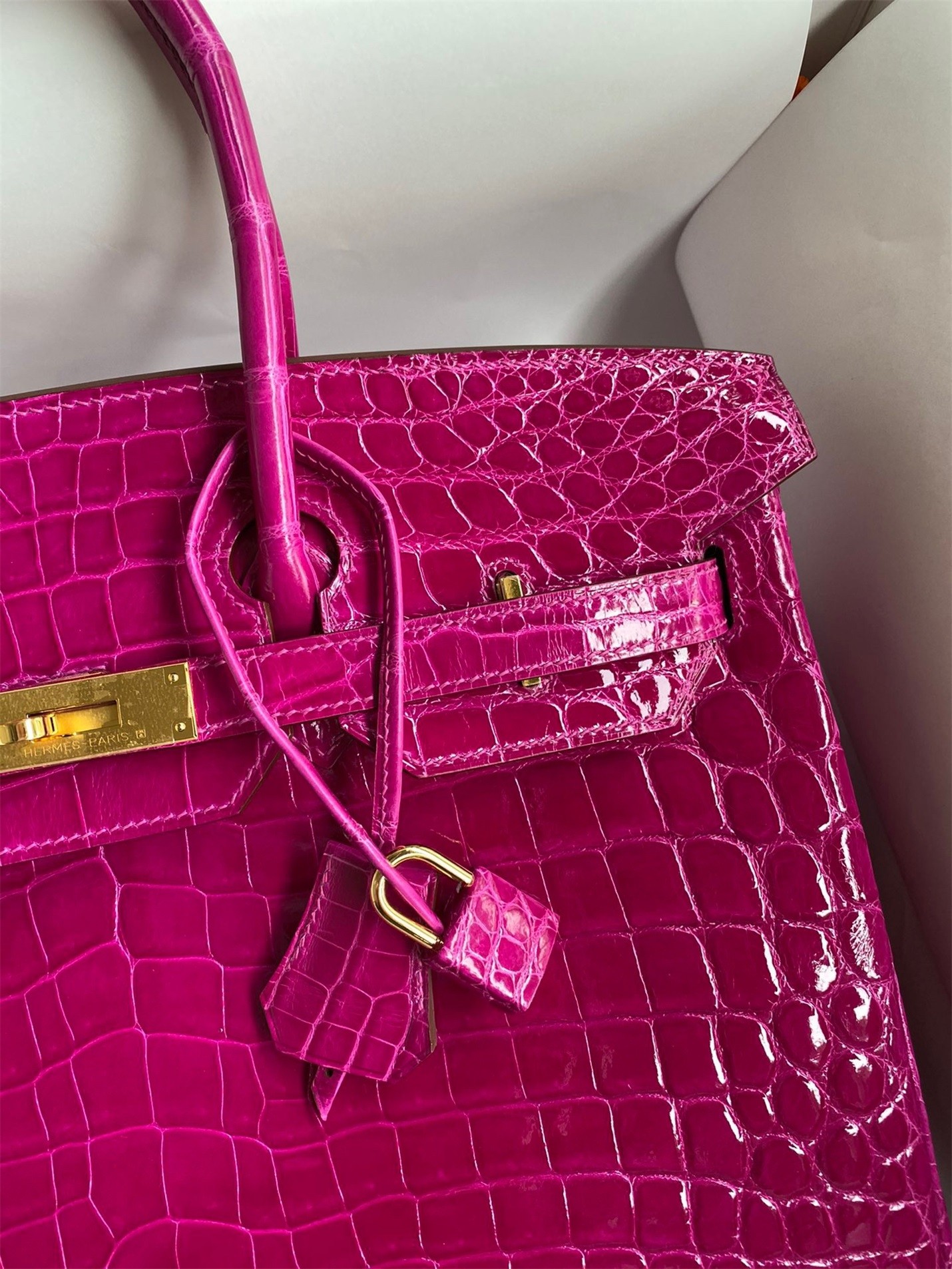 H**mes birkin 35 handmade bag in rose scheherazade crocodile niloticus shiny skin