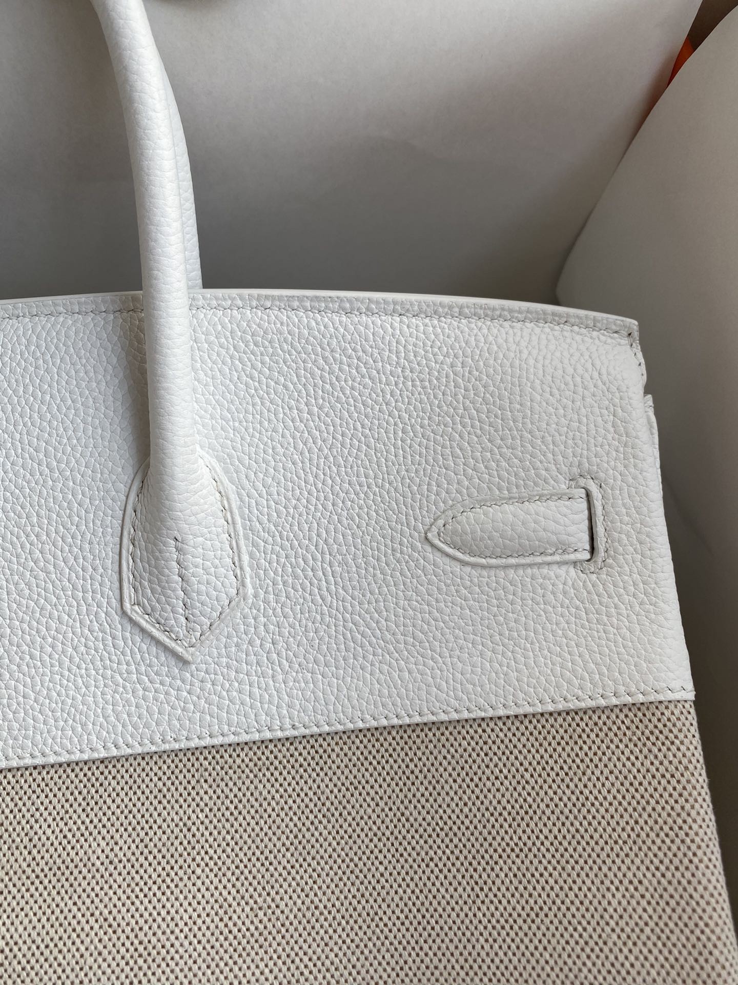 H**mes birkin 35 handmade bag in toile & white clemence leather
