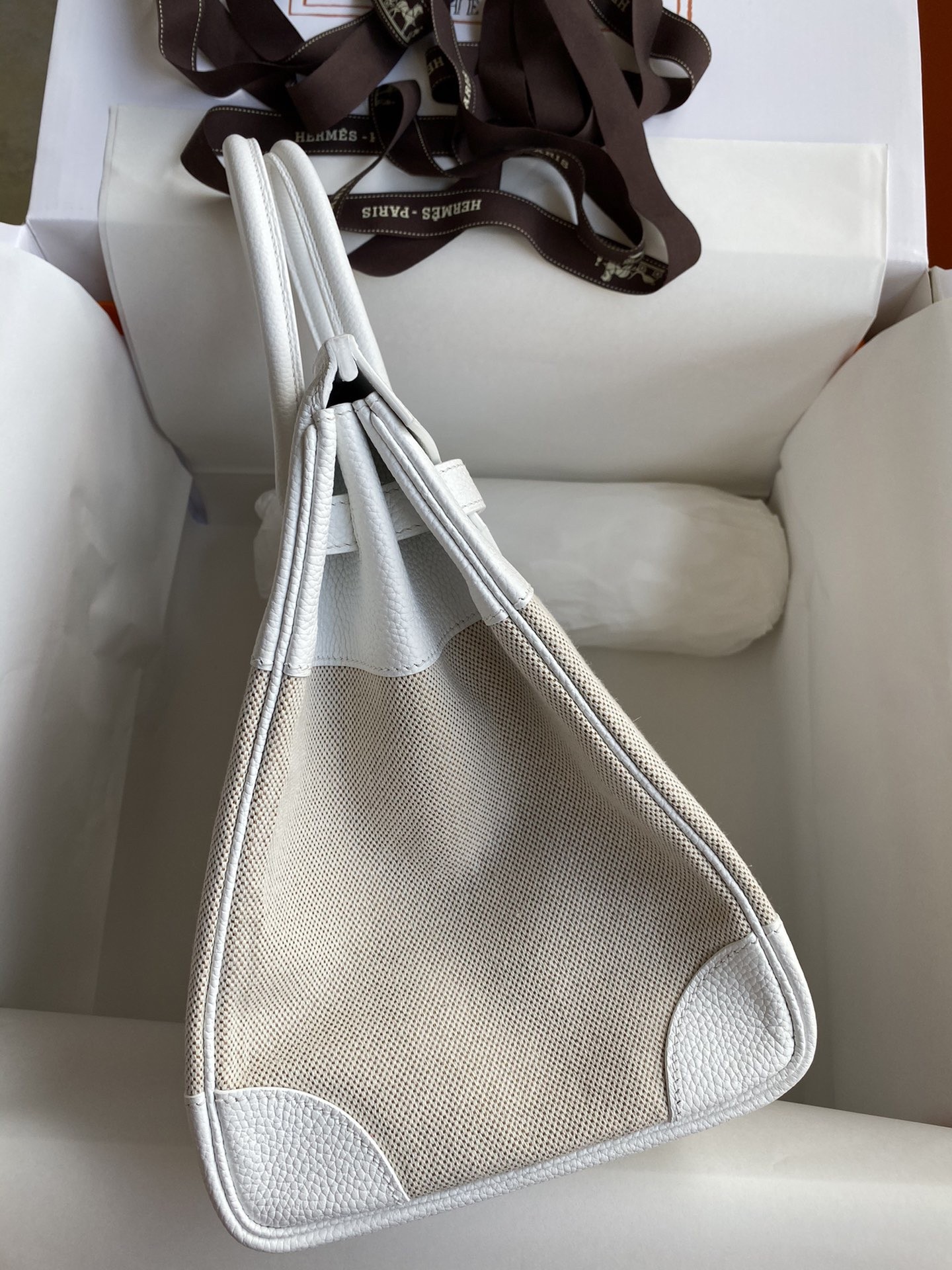 H**mes birkin 35 handmade bag in toile & white clemence leather