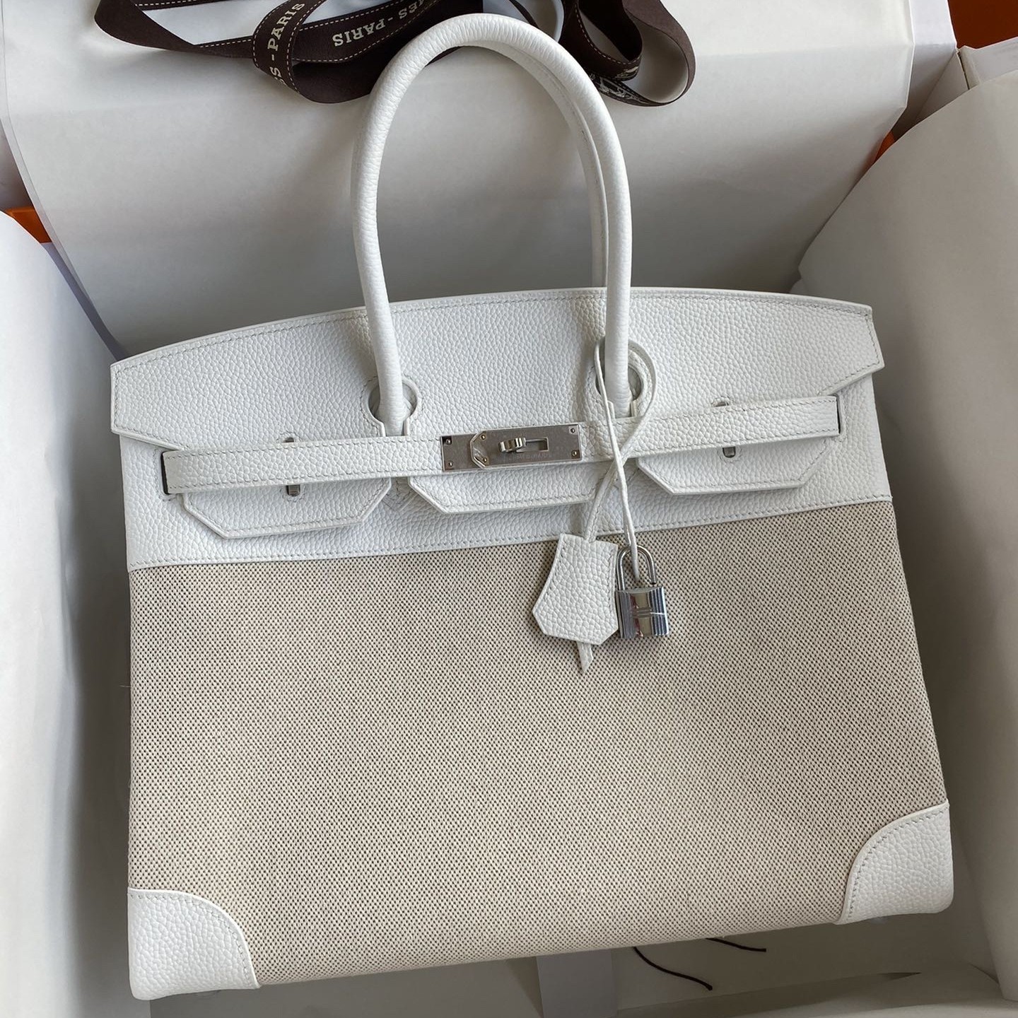 H**mes birkin 35 handmade bag in toile & white clemence leather