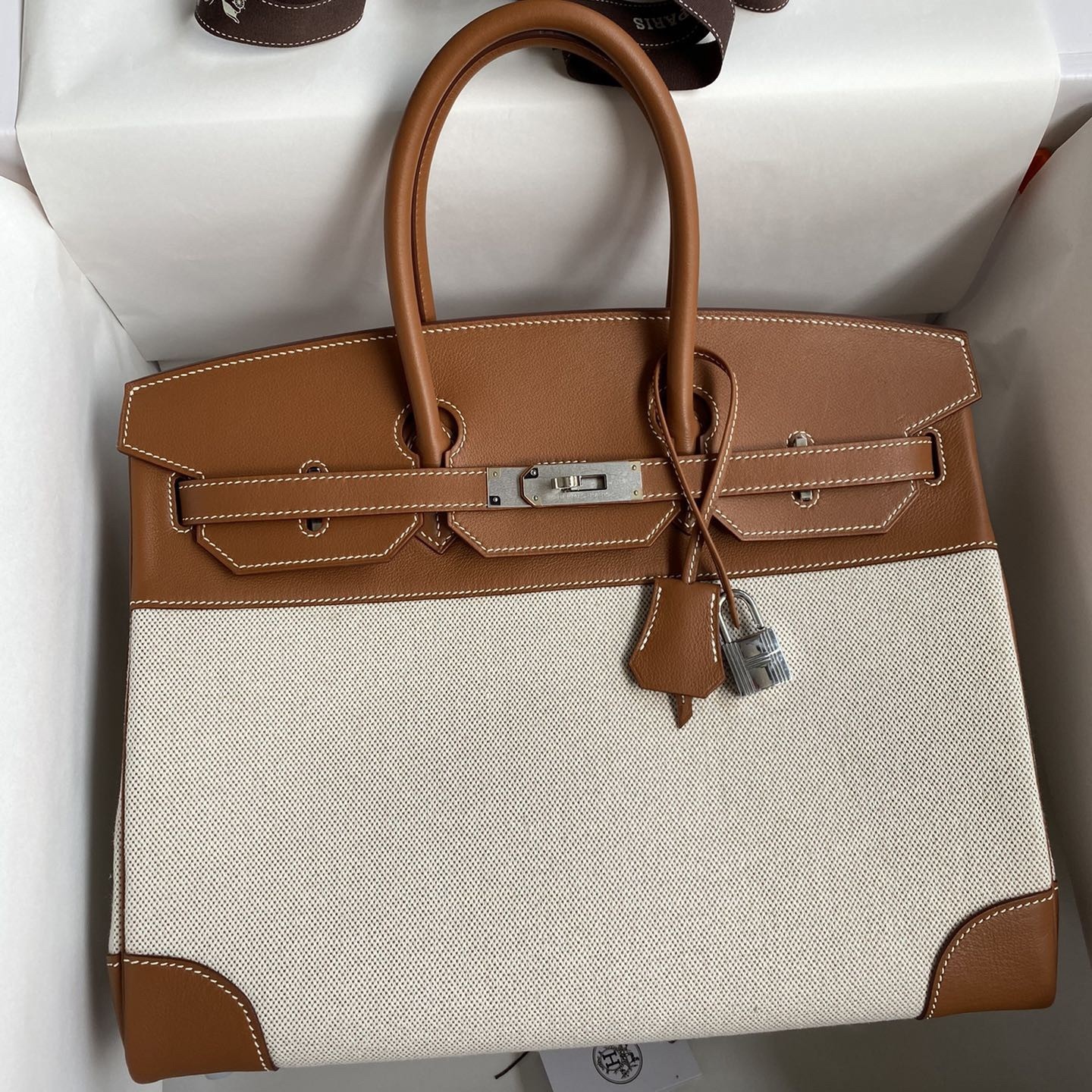 H**mes birkin 35 handmade bag in toile & gold swift leather