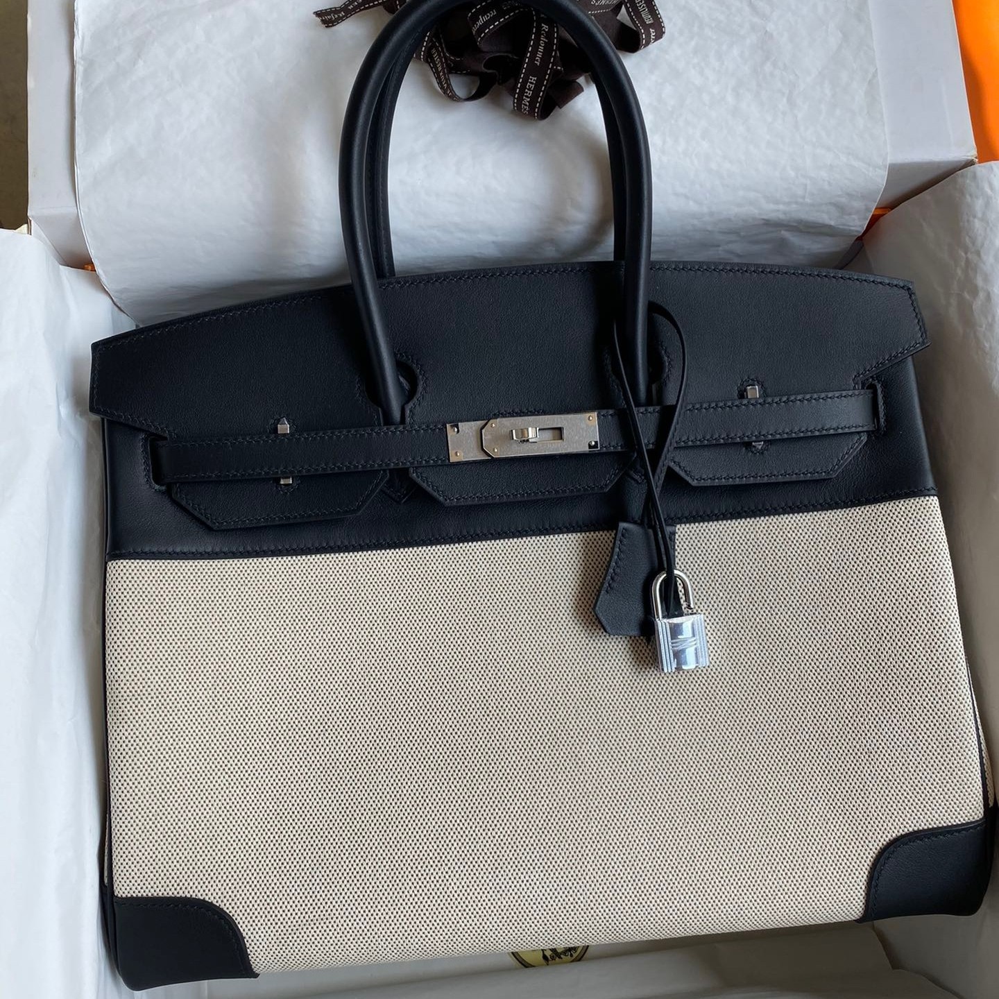 H**mes birkin 35 handmade bag in toile & black swift leather
