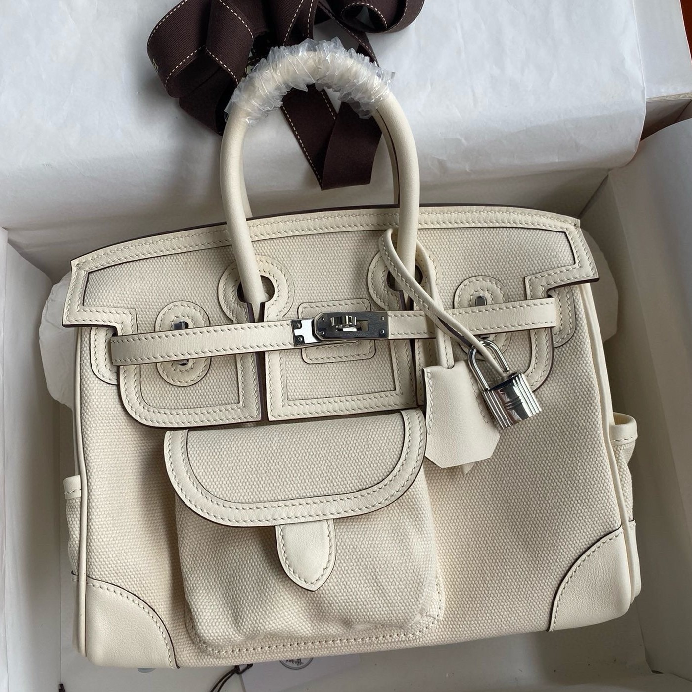 H**mes birkin cargo 25 bag in craie toile and swift leather