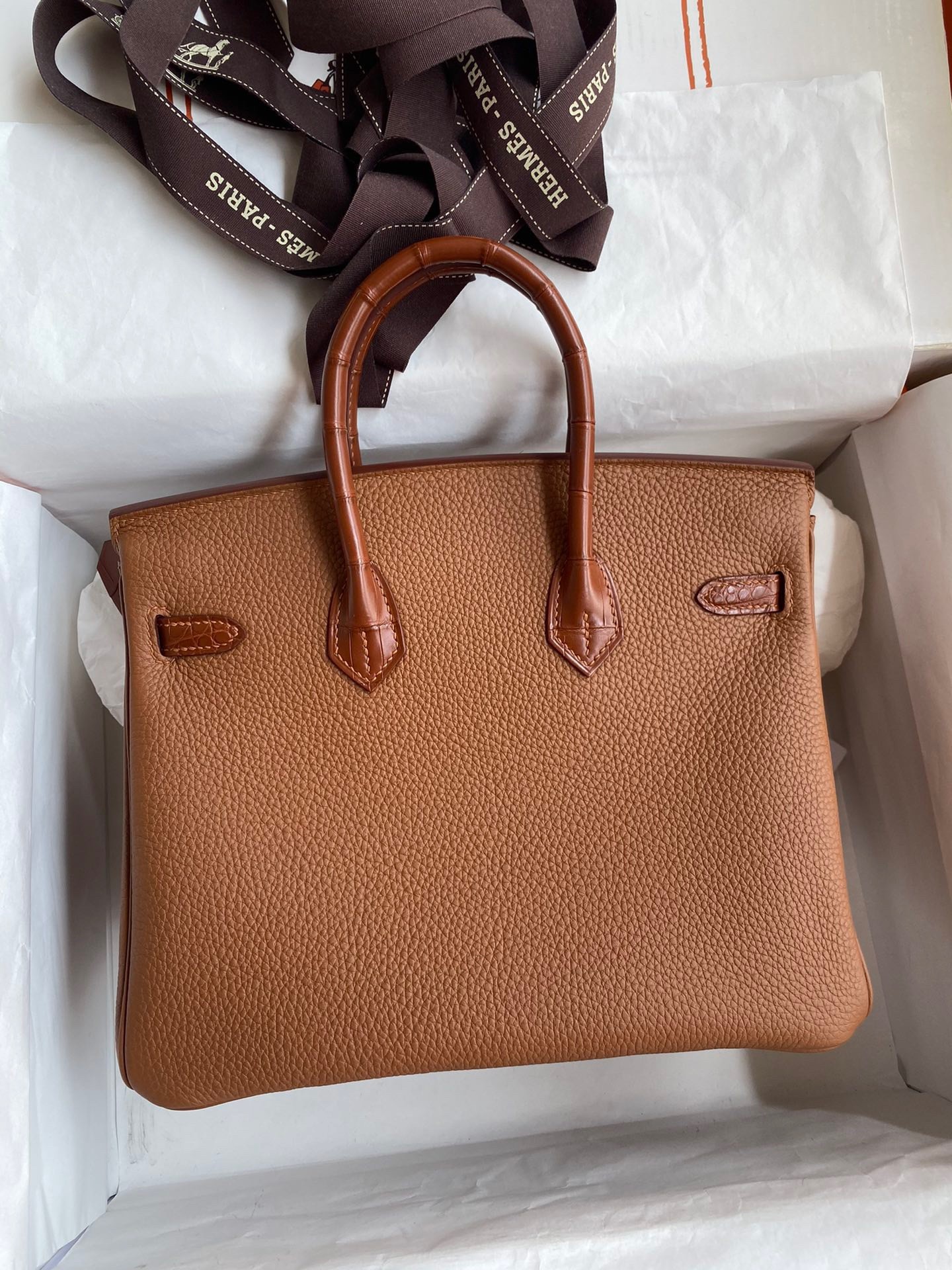 H**mes touch birkin 25 bag in gold togo and matte alligator leather