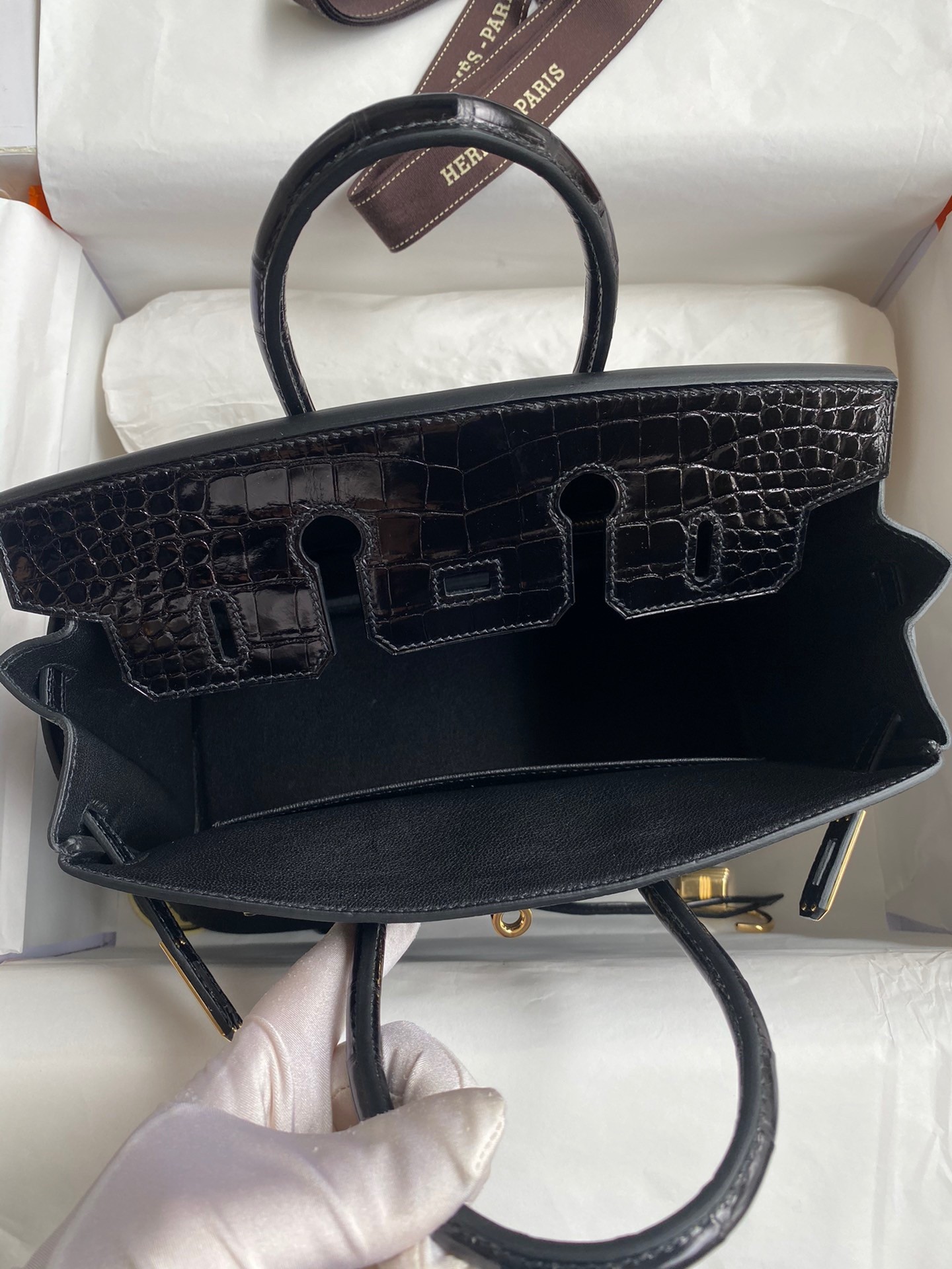 H**mes touch birkin 25 bag in black togo and shiny alligator leather