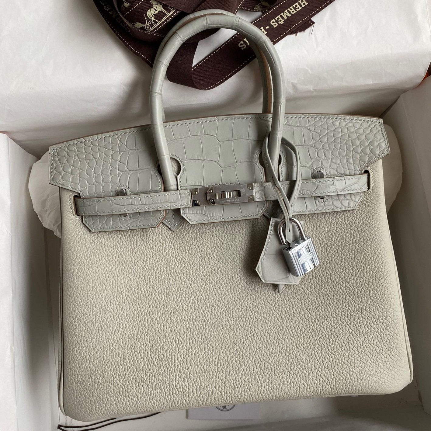H**mes touch birkin 25 bag in pearl grey togo and matte alligator leather