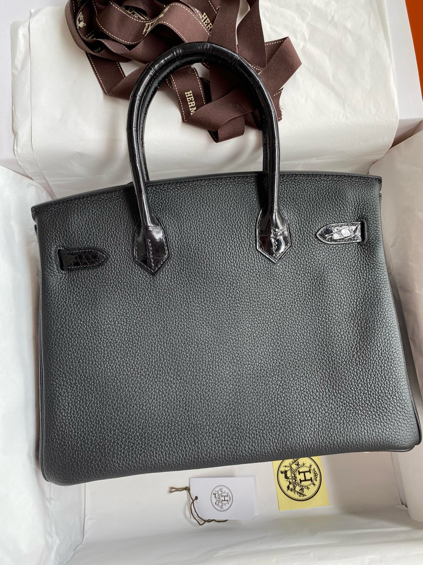 H**mes touch birkin 30 bag in black clemence and shiny niloticus crocodile skin