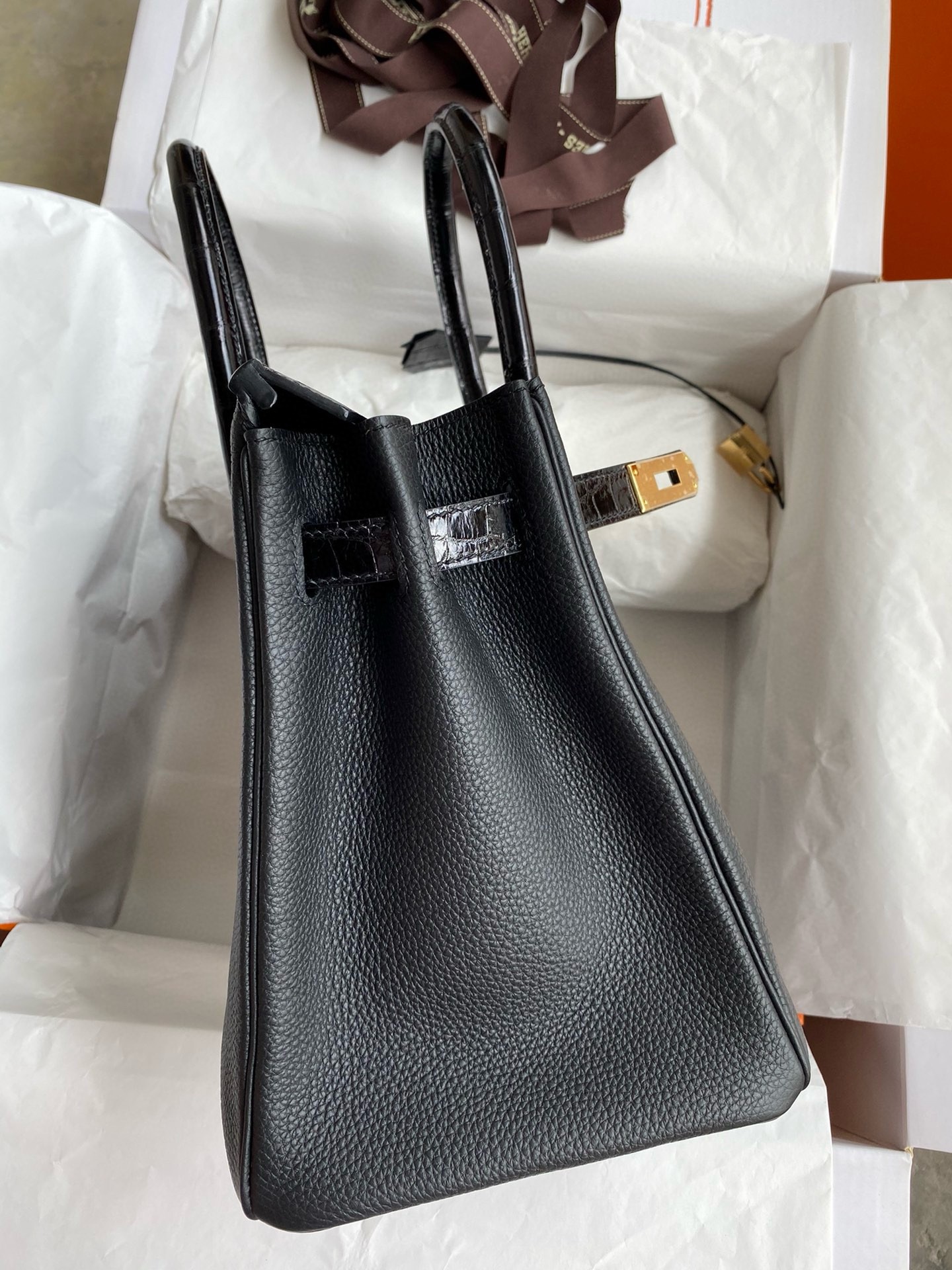 H**mes touch birkin 30 bag in black clemence and shiny niloticus crocodile skin