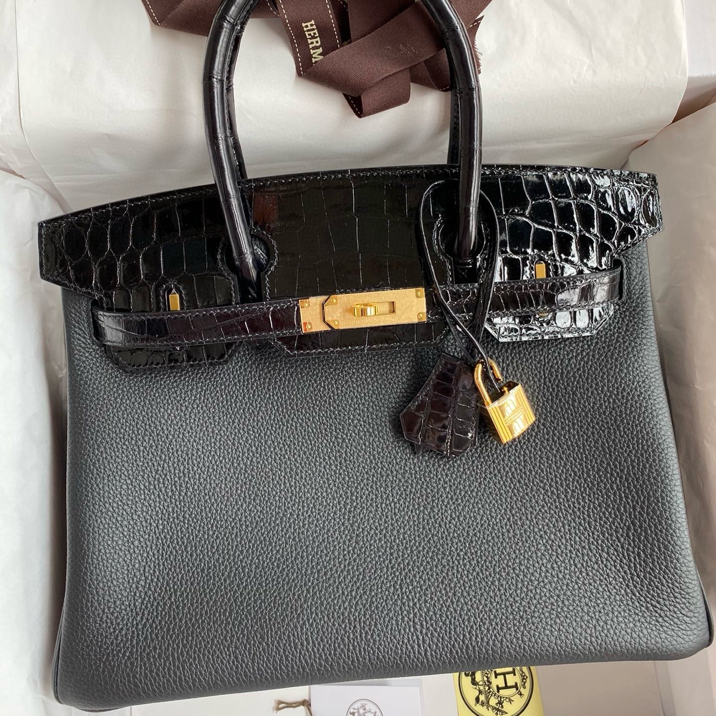 H**mes touch birkin 30 bag in black clemence and shiny niloticus crocodile skin