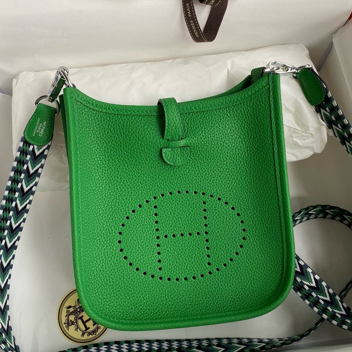 H**mes evelyne mini handmade bag in bamboo clemence leather