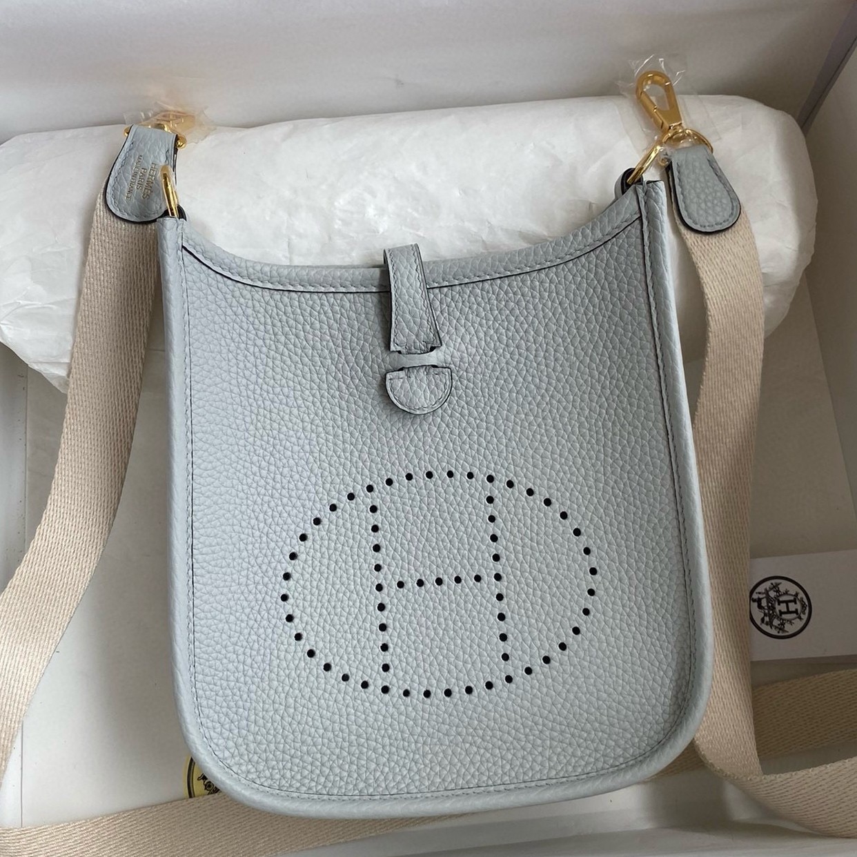 H**mes evelyne mini handmade bag in blue brume clemence leather