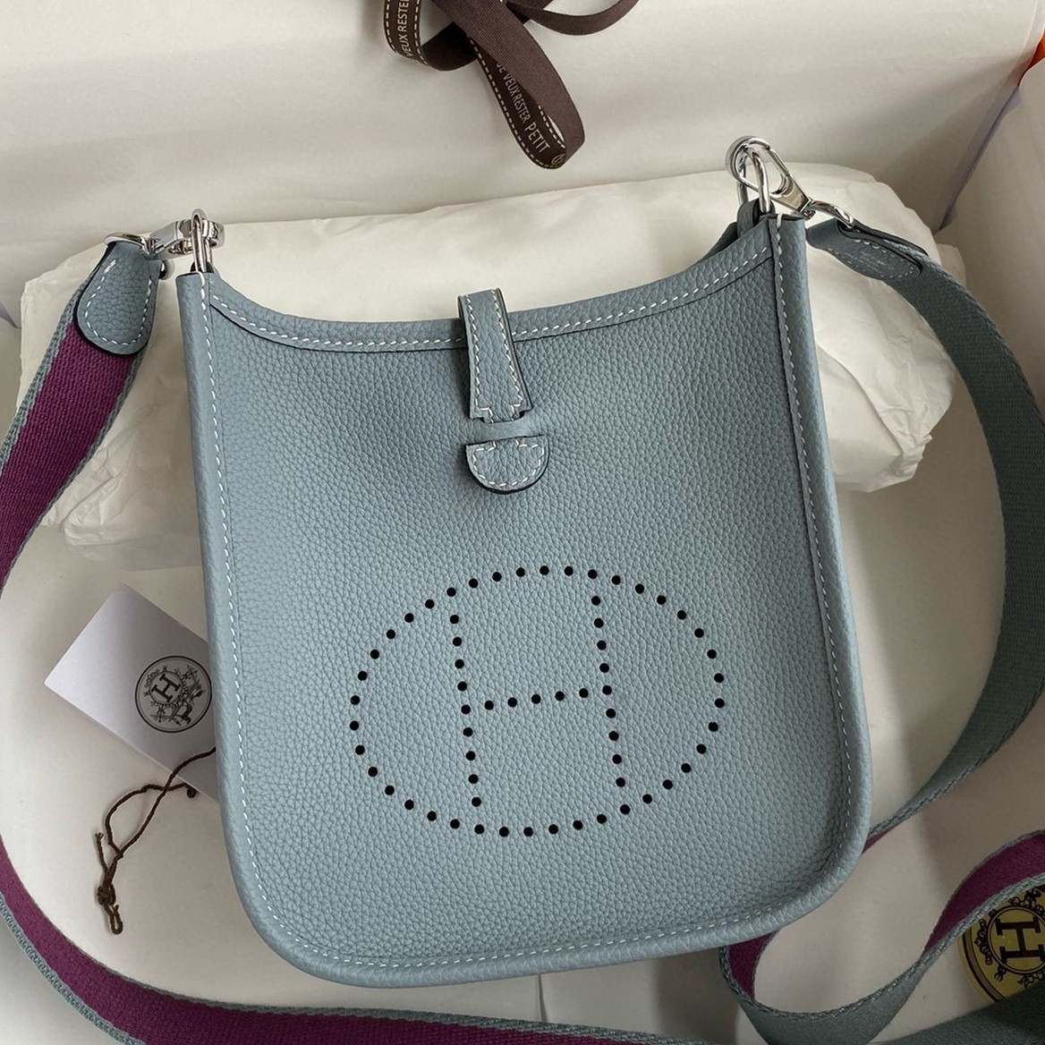 H**mes evelyne mini handmade bag in blue lin clemence leather