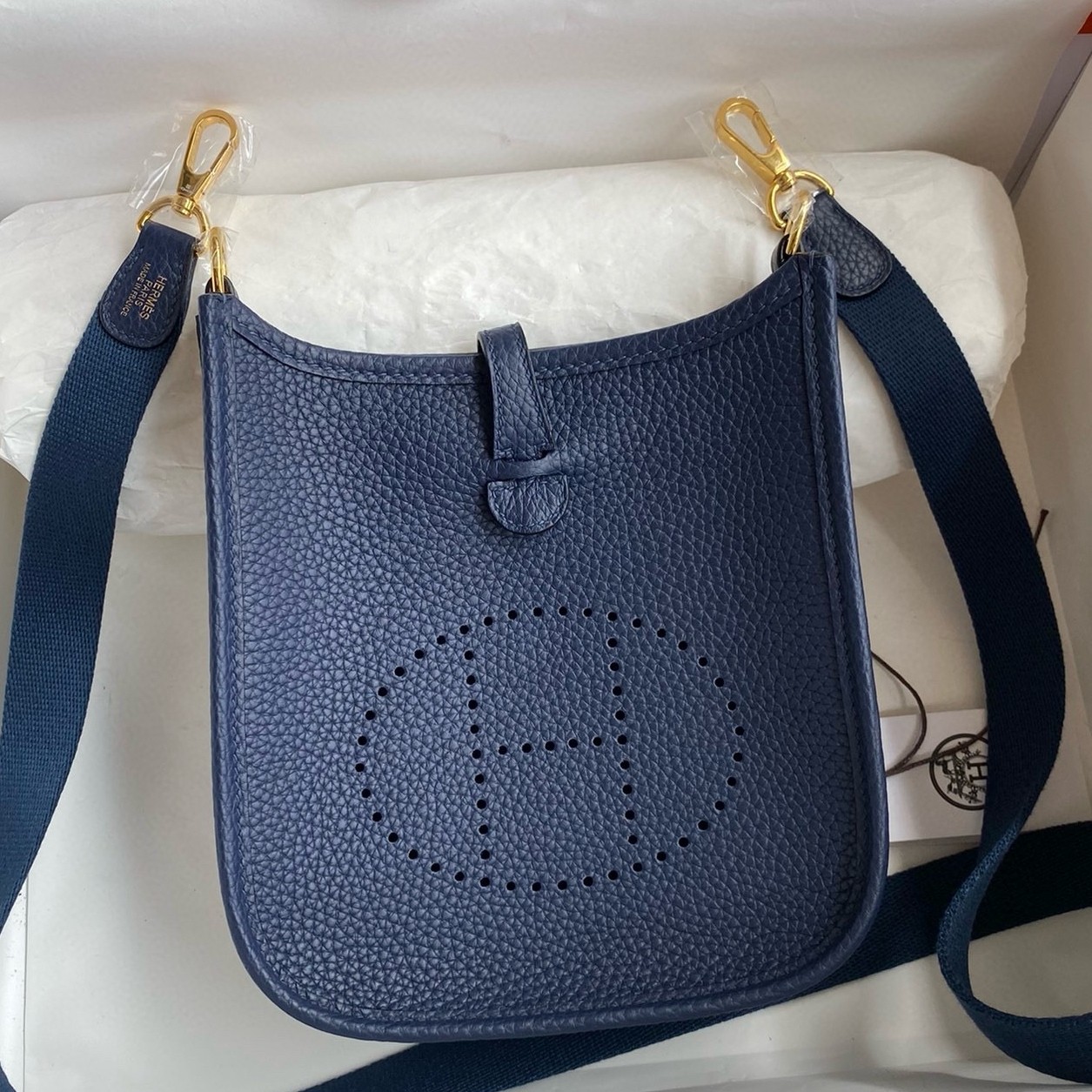 H**mes evelyne mini handmade bag in blue saphir clemence leather