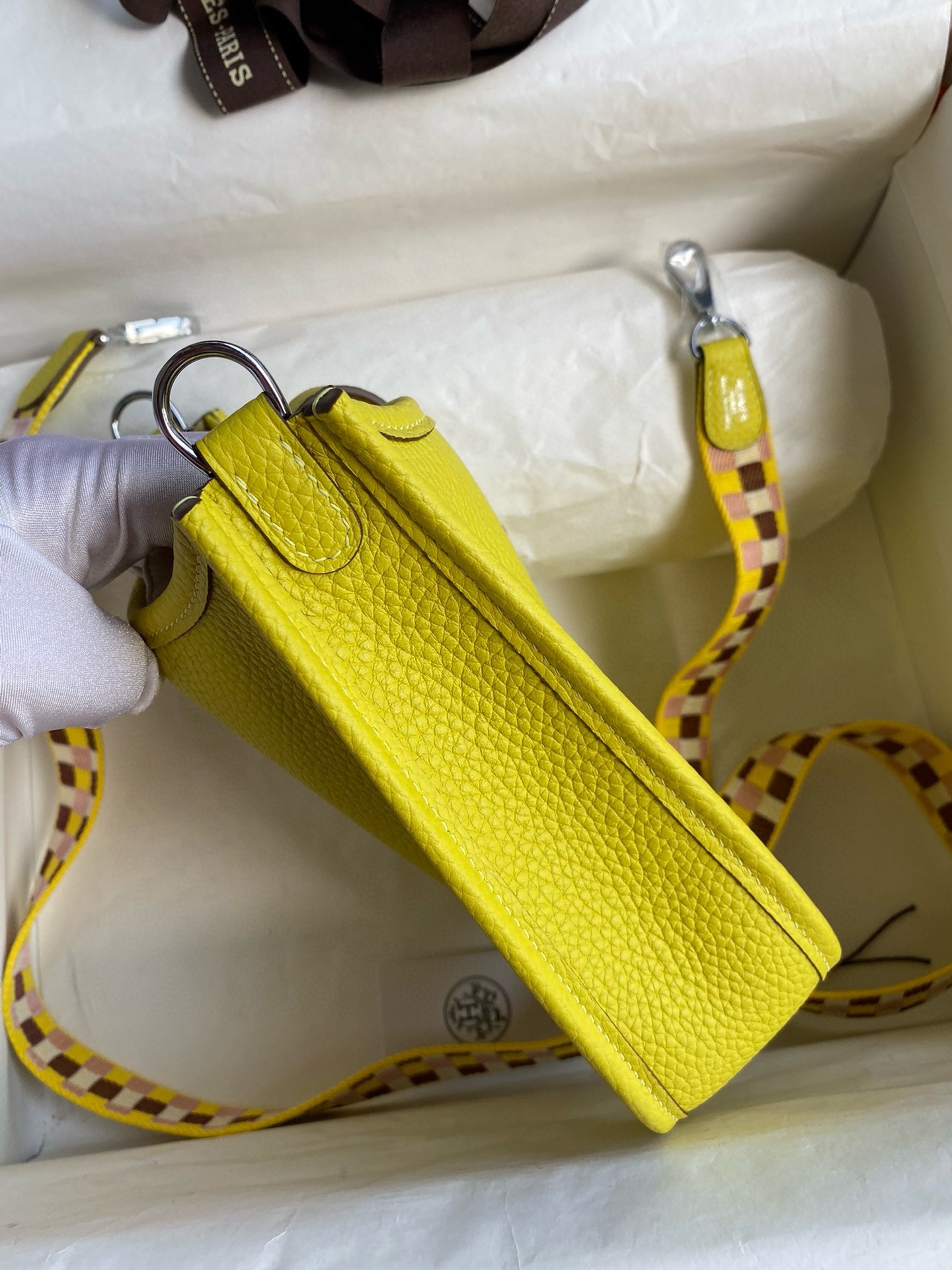 H**mes evelyne mini handmade bag in lime clemence leather