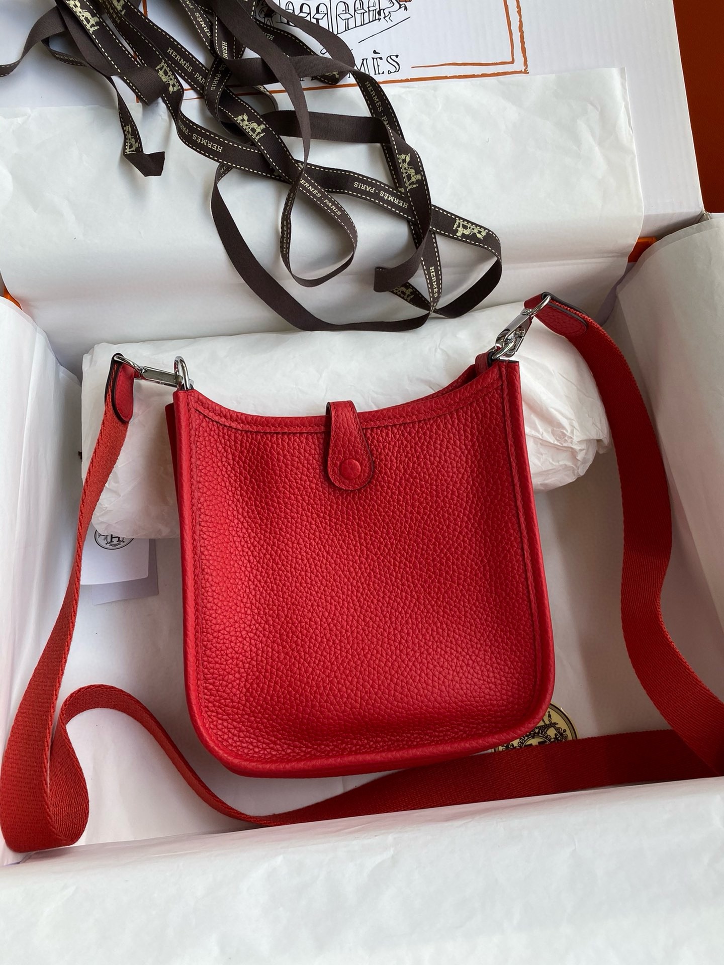 H**mes evelyne mini handmade bag in red clemence leather
