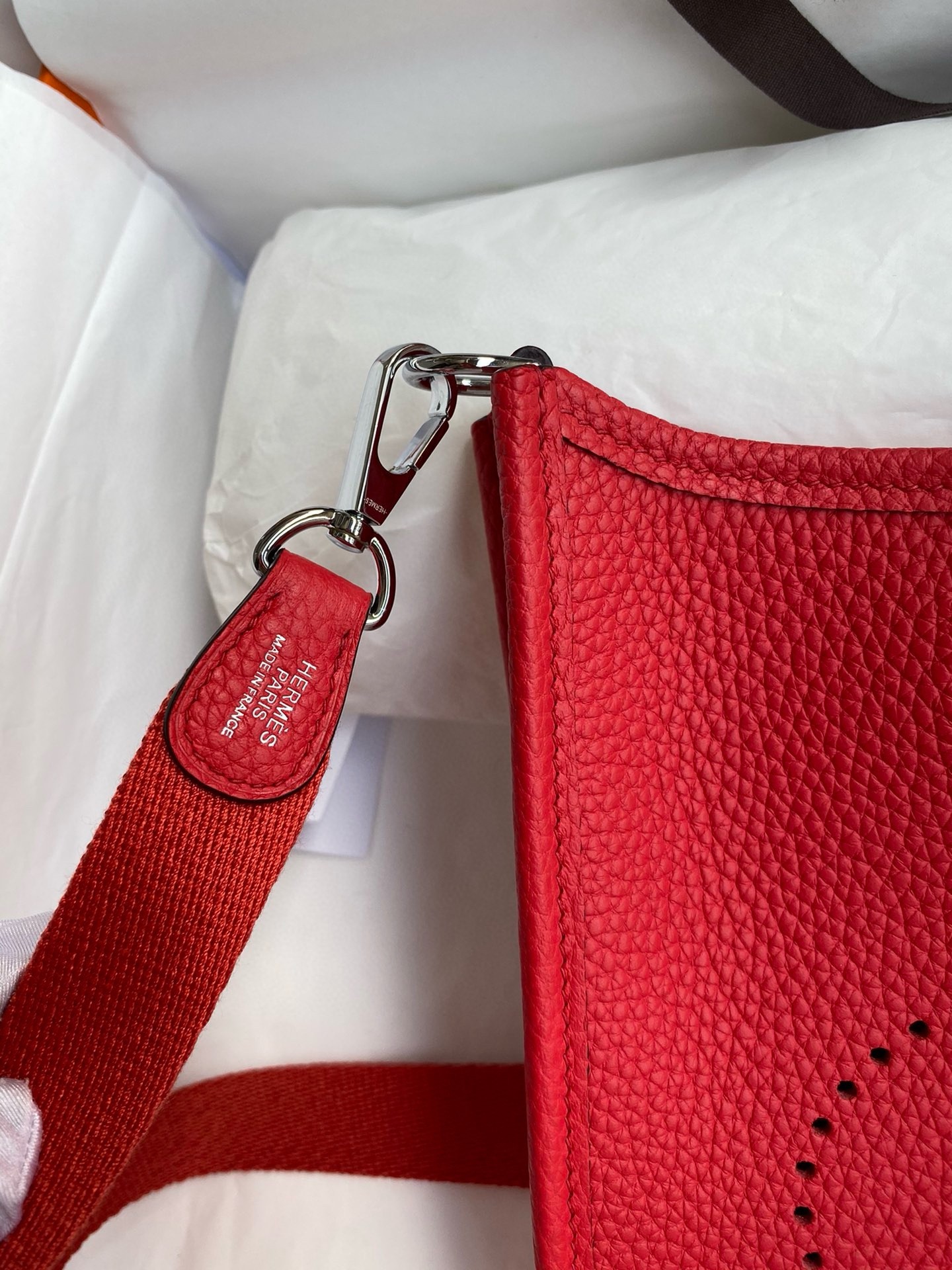 H**mes evelyne mini handmade bag in red clemence leather