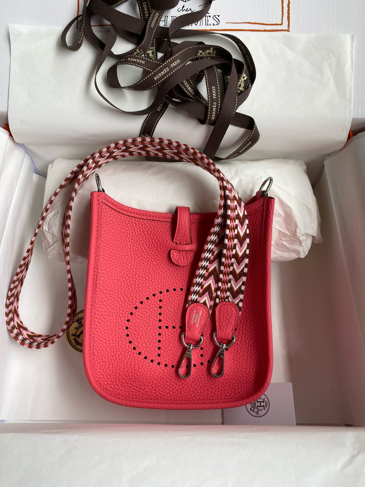 H**mes evelyne mini handmade bag in rose lipstick clemence leather